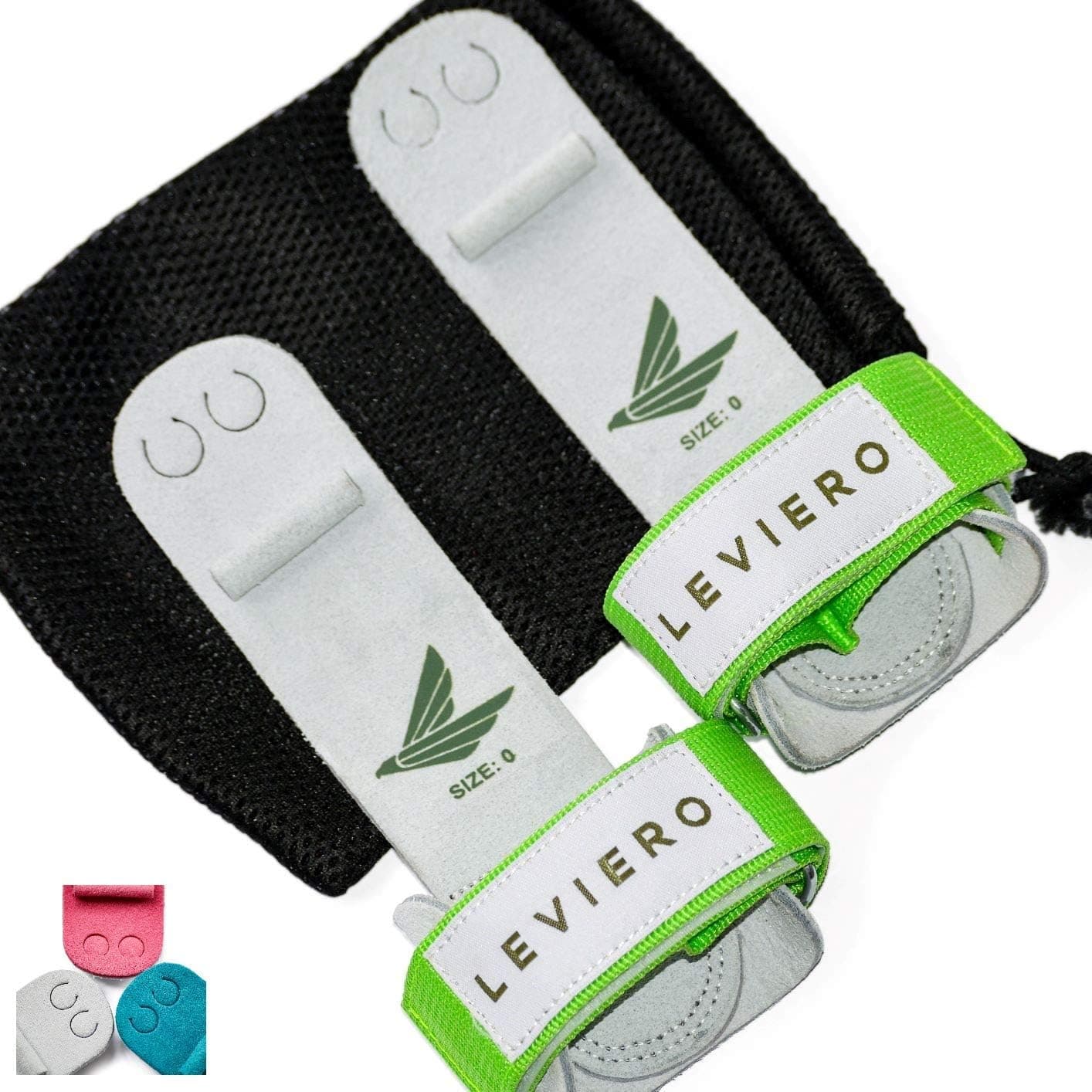 LEVIERO Gymnastics Grips for Girls - Soft Leather Dowel Hand Grips with Velcro Wrist Straps and Adjustable Finger Holes, for All Ages in Pink, Aqua and White