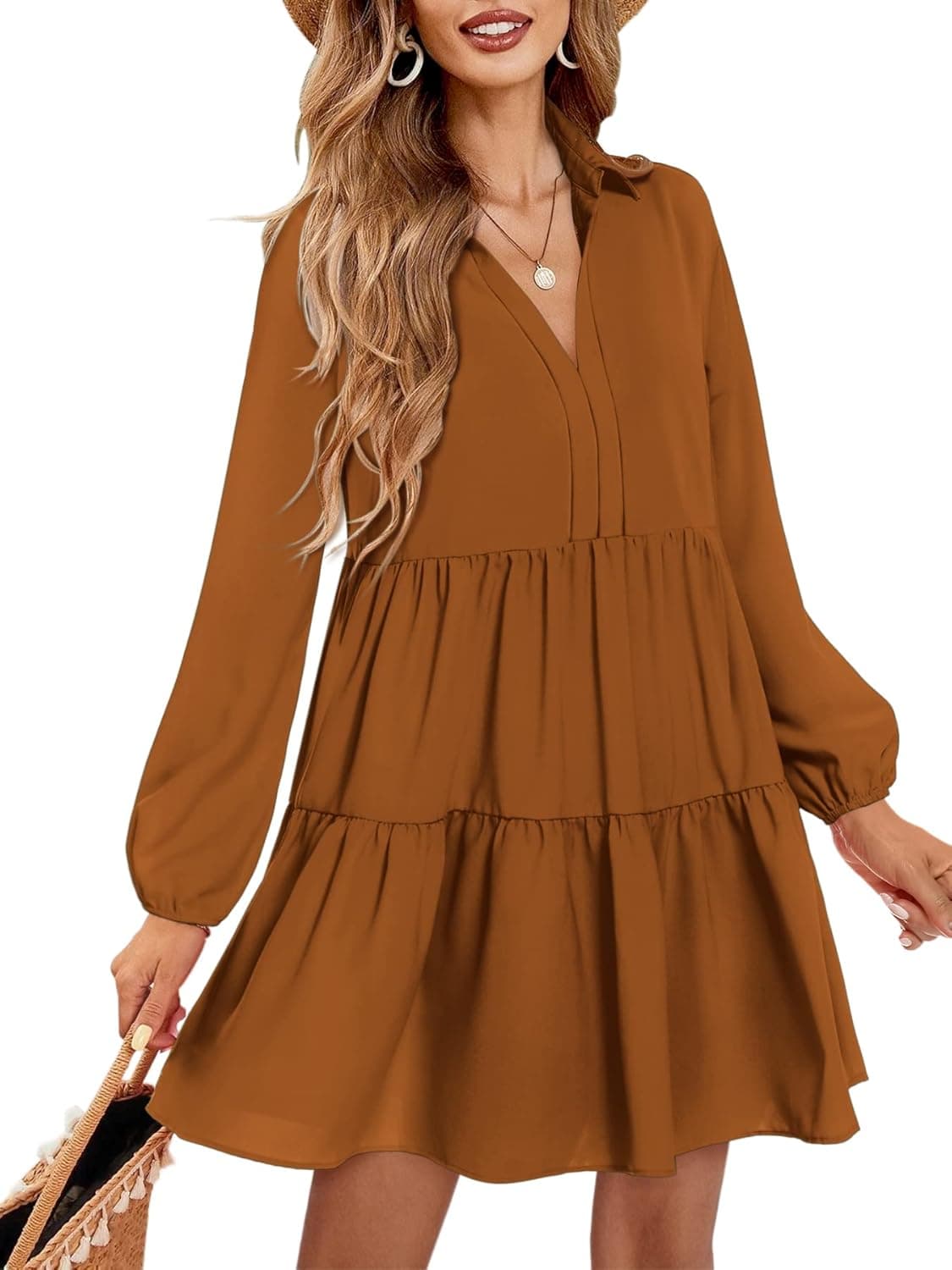 Amoretu Women V Neck Dress Summer Short/Long Sleeve Flowy Tiered Shift Dresses