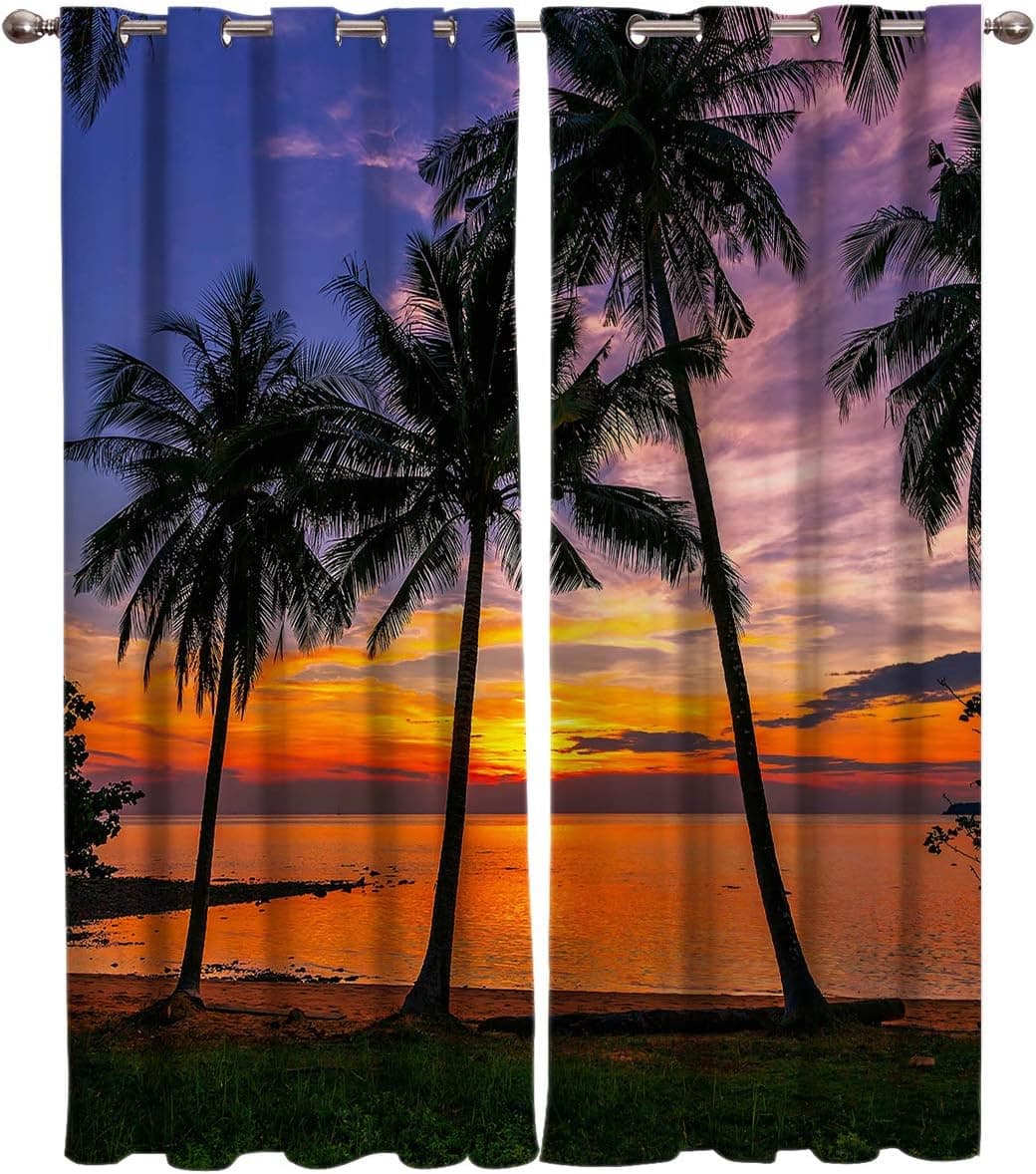Edwiinsa Scenery View Decor Kitchen Blackout Curtains Window Drapes Treatment, 2 Panels Set for Kitchen Cafe Office, Sunset Beach and Tropical Palms Design, 104W x 84L inch