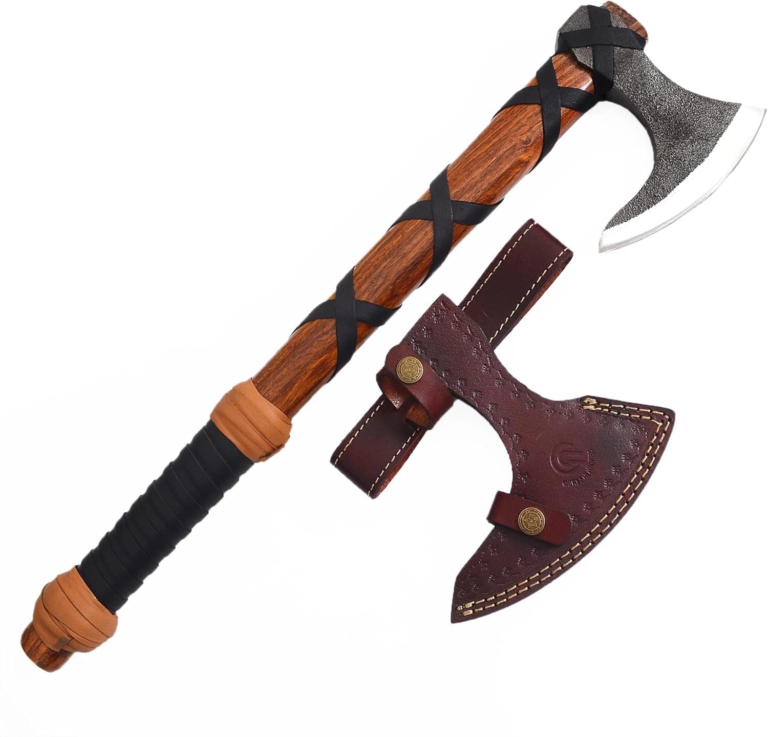 Qureshi Custom Handmade Carbon Steel Viking Axe - Gardening and Outdoor Survival Hatchet, 18 inch Viking Throwing Axe with Leather Sheath - Anti-Slip Wooden Handled Grip
