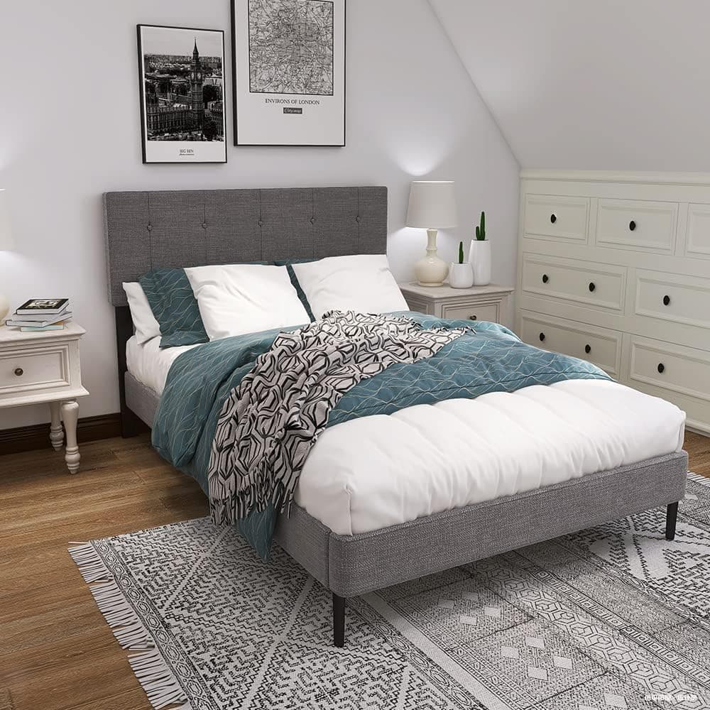H HESTINYSUS Upholstered Bed Frame with Height-Adjustable Headboard and Durable Wooden Slats Metal Frame Tufted Platform Bed, No Box Spring Required and Easy to Assemble (Full, Grey)