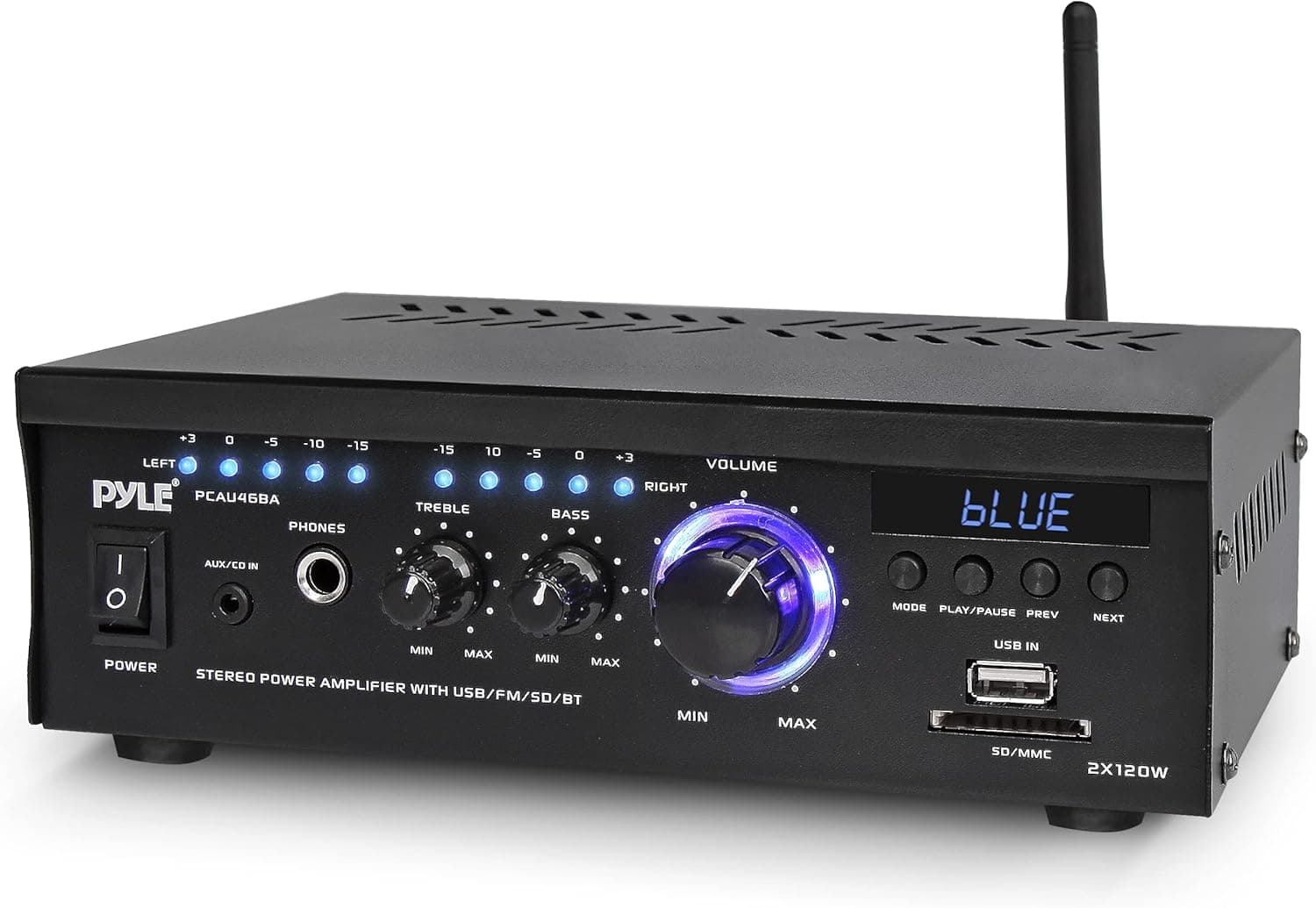 PyleUsa Bluetooth Computer Speaker Amplifier - 2x120 Watt Home Stereo Power Amplifier Home Audio Receiver System W/Blue Led Display, USB/SD, AUX, RCA, Headphone Jack - Remote - PCAU46BA.6