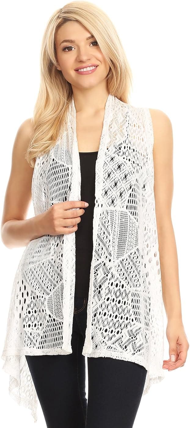 Anna-Kaci Womens Sleeveless Open Front Crochet Shawl Cardigan Bikini Cover Up