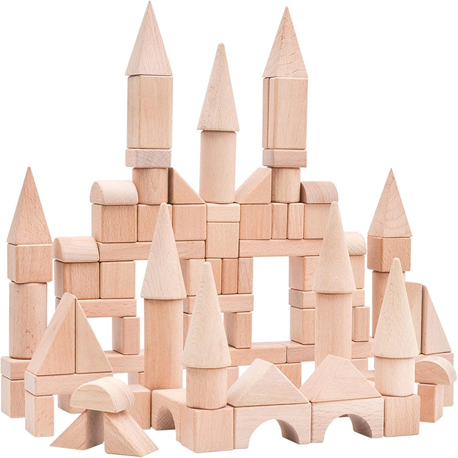 Timfuis Wooden Building Blocks Set - 100Pcs Natural Wood Stacker Game with Multiple Shapes, Perfect Toddler Toys for Kids Learning and Playing, Ideal Gifts for Boys and Girls Ages 3+ (100Pcs)