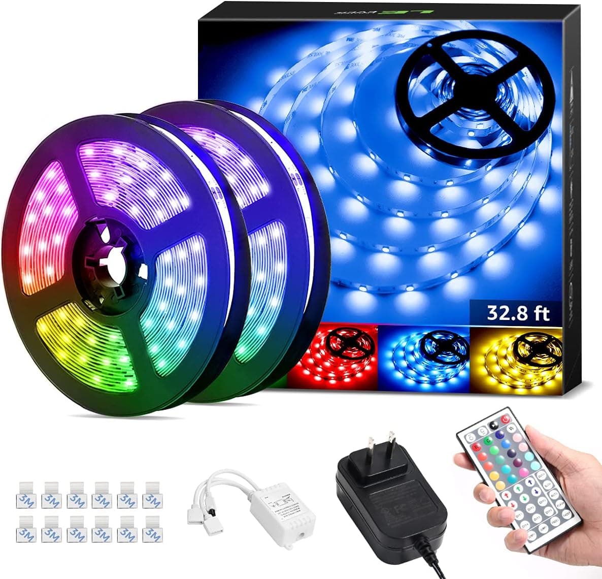Lepro 32.8ft LED Strip Lights, Ultra-Long RGB 5050 LED Strips with Remote Controller and Fixing Clips, Color Changing Tape Light with 12V ETL Listed Adapter for Bedroom, Room, Kitchen, Bar