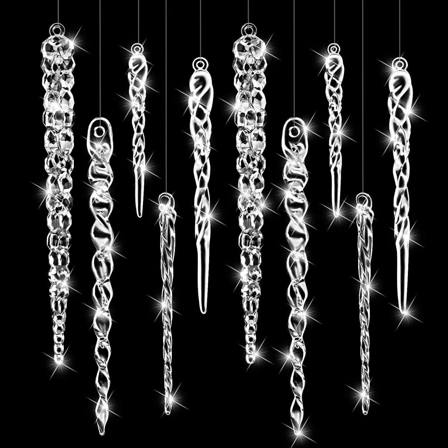 BBTO 100 Pieces Christmas Clear Acrylic Icicle Ornament Hanging Winter Decorations Ornaments Glass for Tree White or Silver Crystal Frost Look, 5 Sizes, 4 Styles
