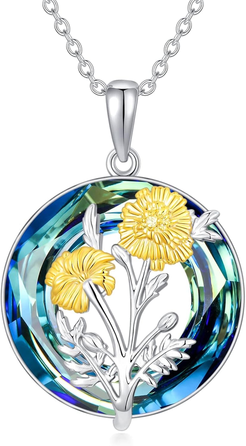 TOUPOP Crystal Necklace S925 Sterling Silver 12 Month Birth Flower Floral Pendant Necklace Birthday Graduation Gifts for Women Girls