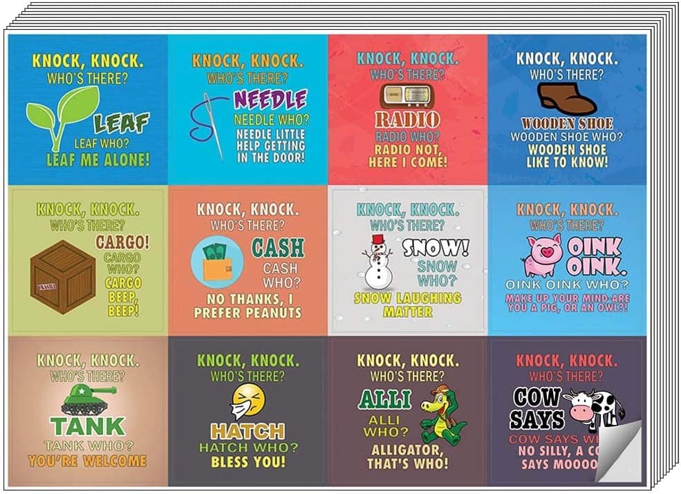 Creanoso Funny Knock-Knock Puns Jokes Stickers (5-Sheet) – Total 60 pcs (5 X 12pcs) Individual Small Size 2.1" x 2", Unique Personalized Designs, Flat Surface DIY Decoration Art Decal for Kids
