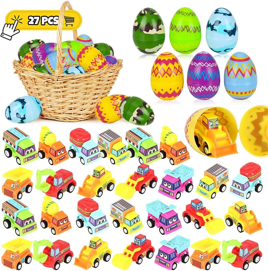 27Pcs Prefilled Easter Eggs, Easter Eggs with Toys Inside, Easter Eggs Filled with Pull Back Cars for Boys, Easter Basket Stuffers, Easter Basket Filler, Easter Eggs with Construction Vehicles Toy