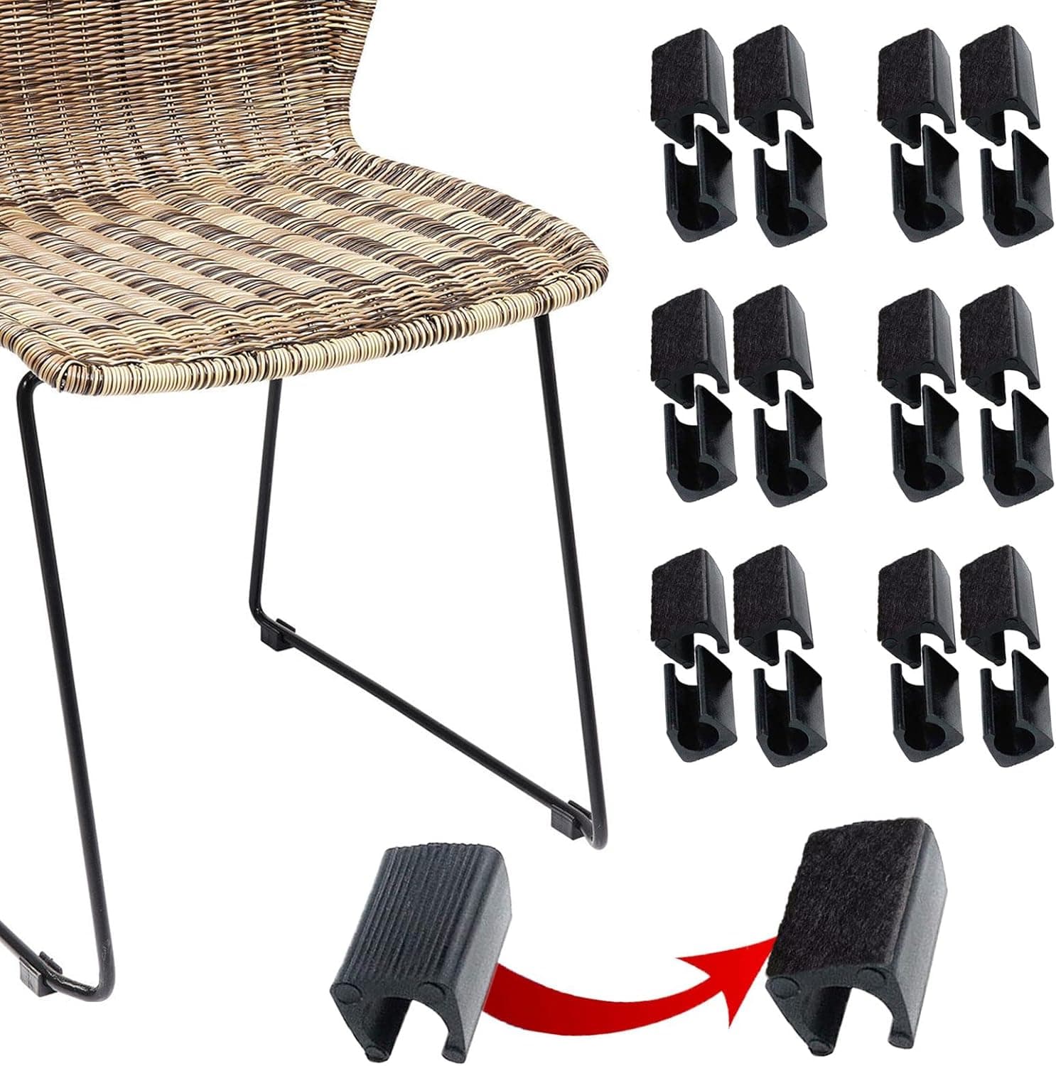 Rectangle Shaped Chair Leg Tips Caps with Felt Pads,Furniture Feet Protectors Slide Smoothly No Scratches No Noise Protect Hardwood Floors, Fit Diameter 8mm Metal Furniture Leg (Black 24 Pack)