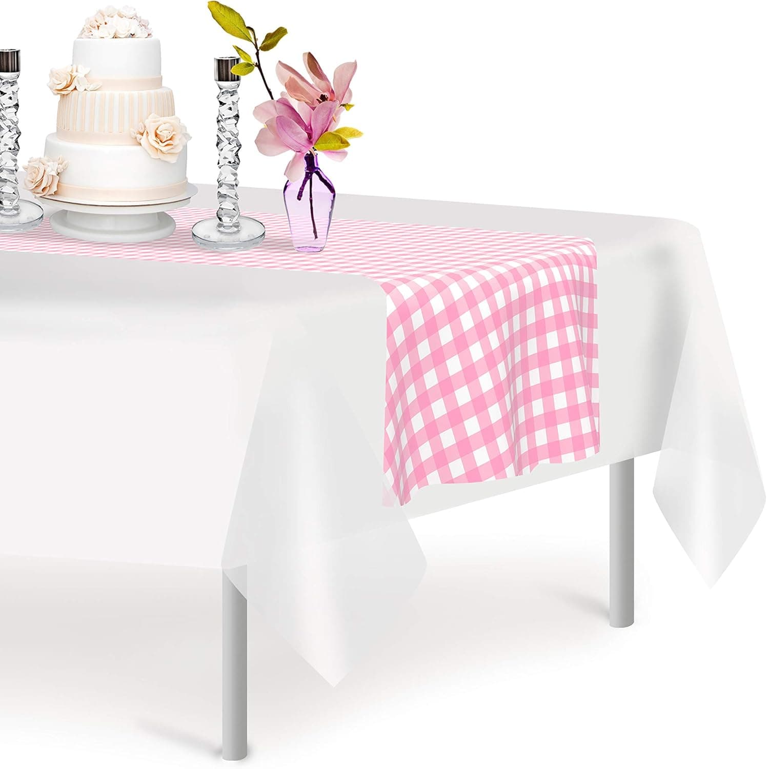 Pink Checkered Gingham 6 Pack Premium Disposable Plastic Table Runner 14 x 108 Inch. Table Runner for Dinner Parties & Events by Grandipity
