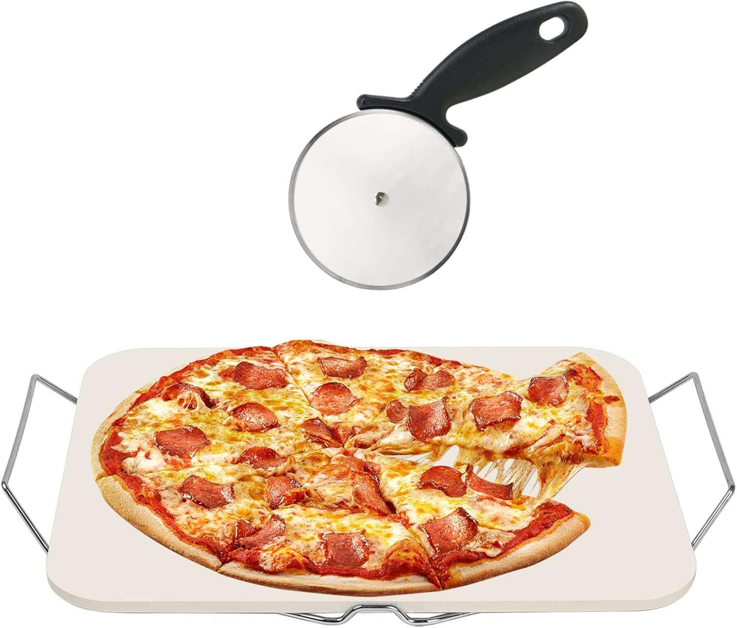 Pizza Stone for Oven and Grill, Rectangle Baking Stone 15 x 12 Inch with Free Pizza Cutter & Detachable Serving Rack, Safe Ceramic Cooking Stone for Crisp Crust Pizza Bread Cookie and More