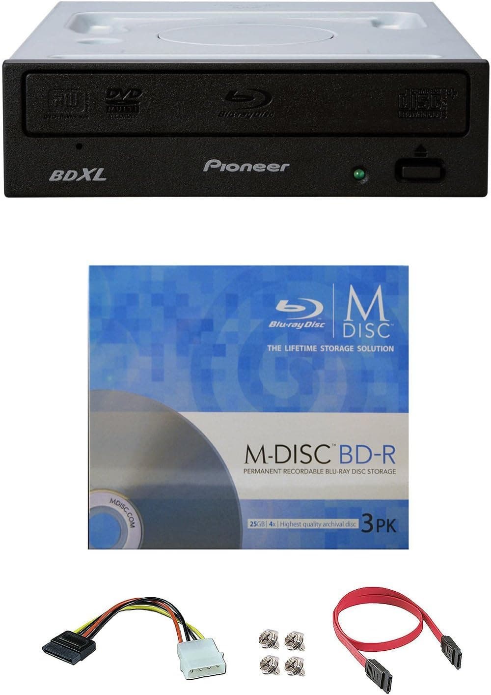 Pioneer 16X BDR-2209 Internal Blu-ray Burner Bundle with 3 Pack M-DISC BD and Cable Accessories (Supports BDXL, SATA Interface)