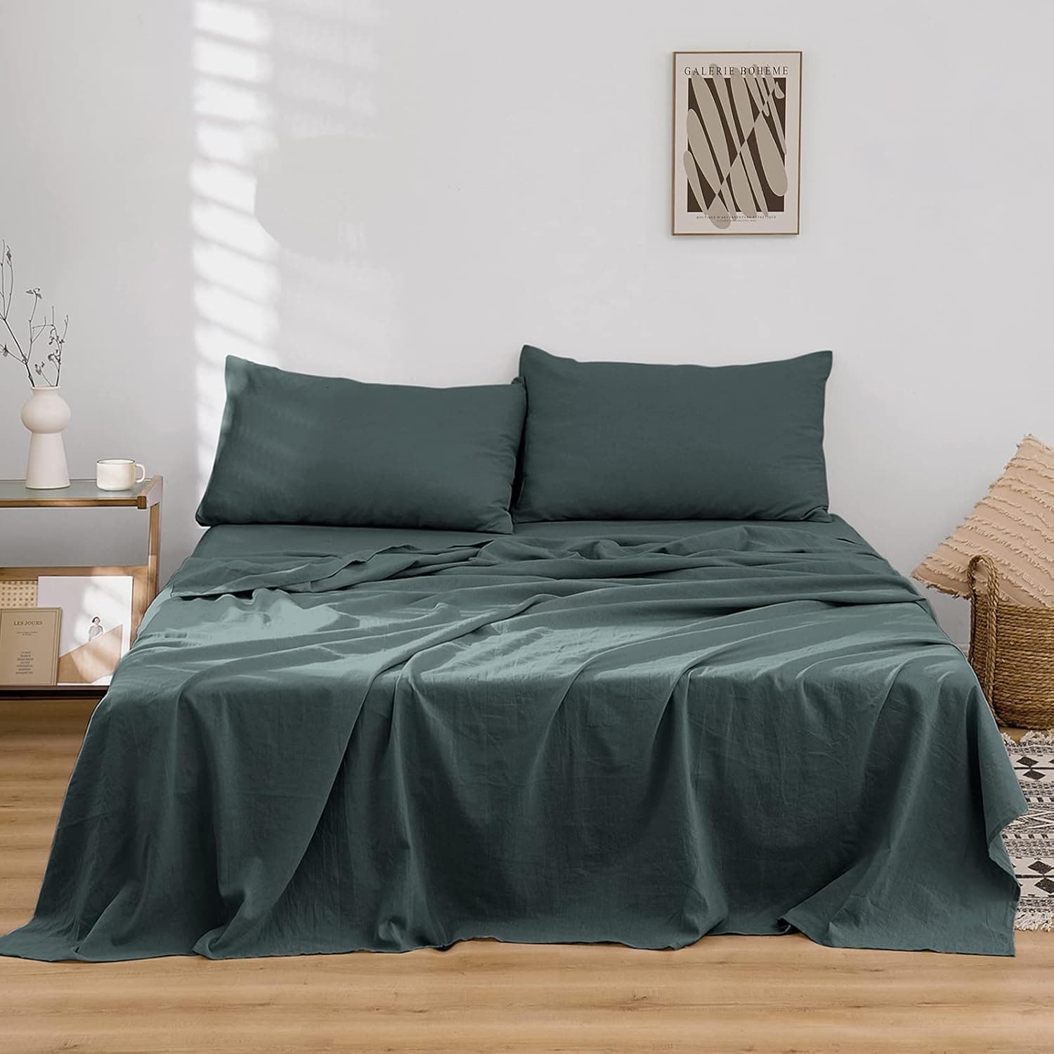 YIYEA Linen Sheet Set - Twin Size Natural French Linen Cotton Blend Bed Sheets, Soft, Breathable and Durable, Fits Mattress Up to 16" Deep (Twin, Balsam Green)
