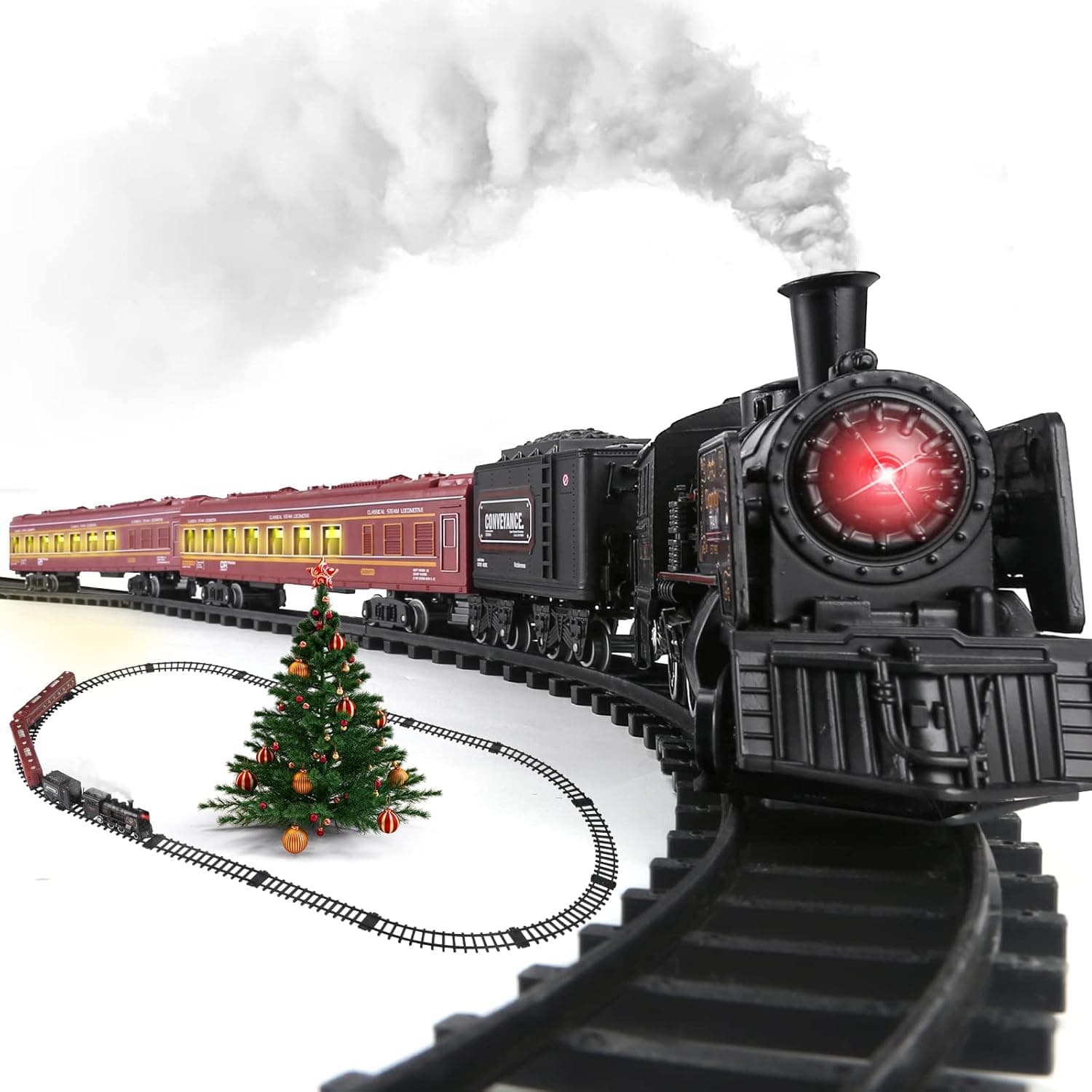 Train Set Toys for Boys - Metal Alloy Steam Locomotive w/Smoke, 2 Passenger Carriagers w/Lights & Sounds, 14pcs Tracks, Christmas Train Set for Kids 1-3+ Years Old