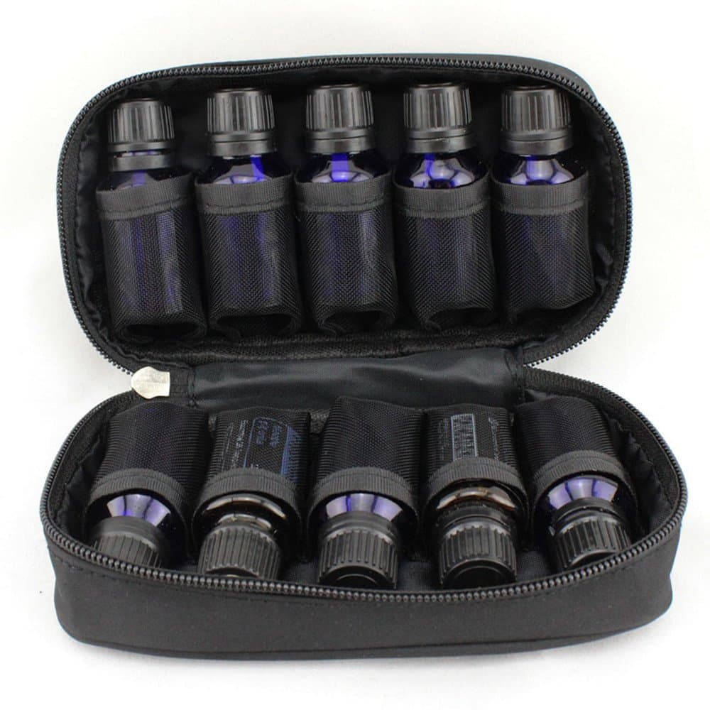 FLYMEI Portable Essential Oil Carrying Case - Holds 10 Bottles of 5ml, 10ml, 15ml - Travel Size Essential Oils Bag Organizer Perfect for Young Living, doTERRA and more (Black)