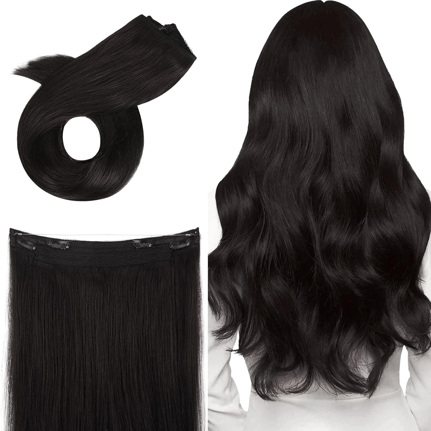 Sidaila Haloo Hair Extensions Real Human Hair Natural Black 20 inch 100g Haloo Extensions Human Hair Extensions with Invisible Wire Layered Hairpiece