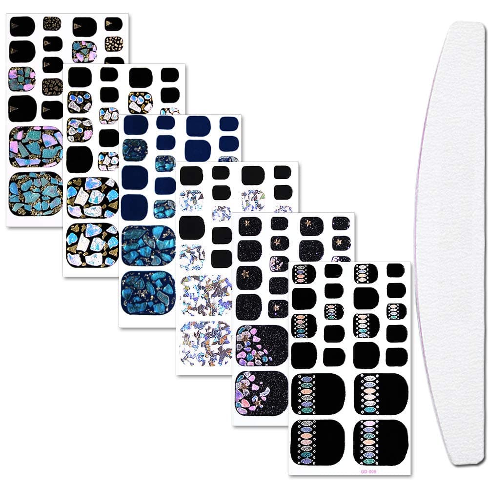 WOKOTO 6 Sheets Toenail Art Polish Stickers Strips With 1Pc Nail File Laser Shell Manicure Design Adhesive Nail Wraps Decal Tips