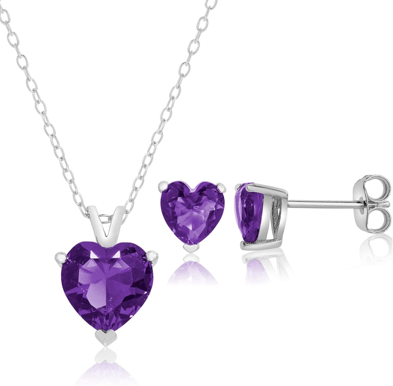 Queen Jewelers Sterling Silver Cubic Zirconia Solitaire Heart Stud Earrings and Necklace Set