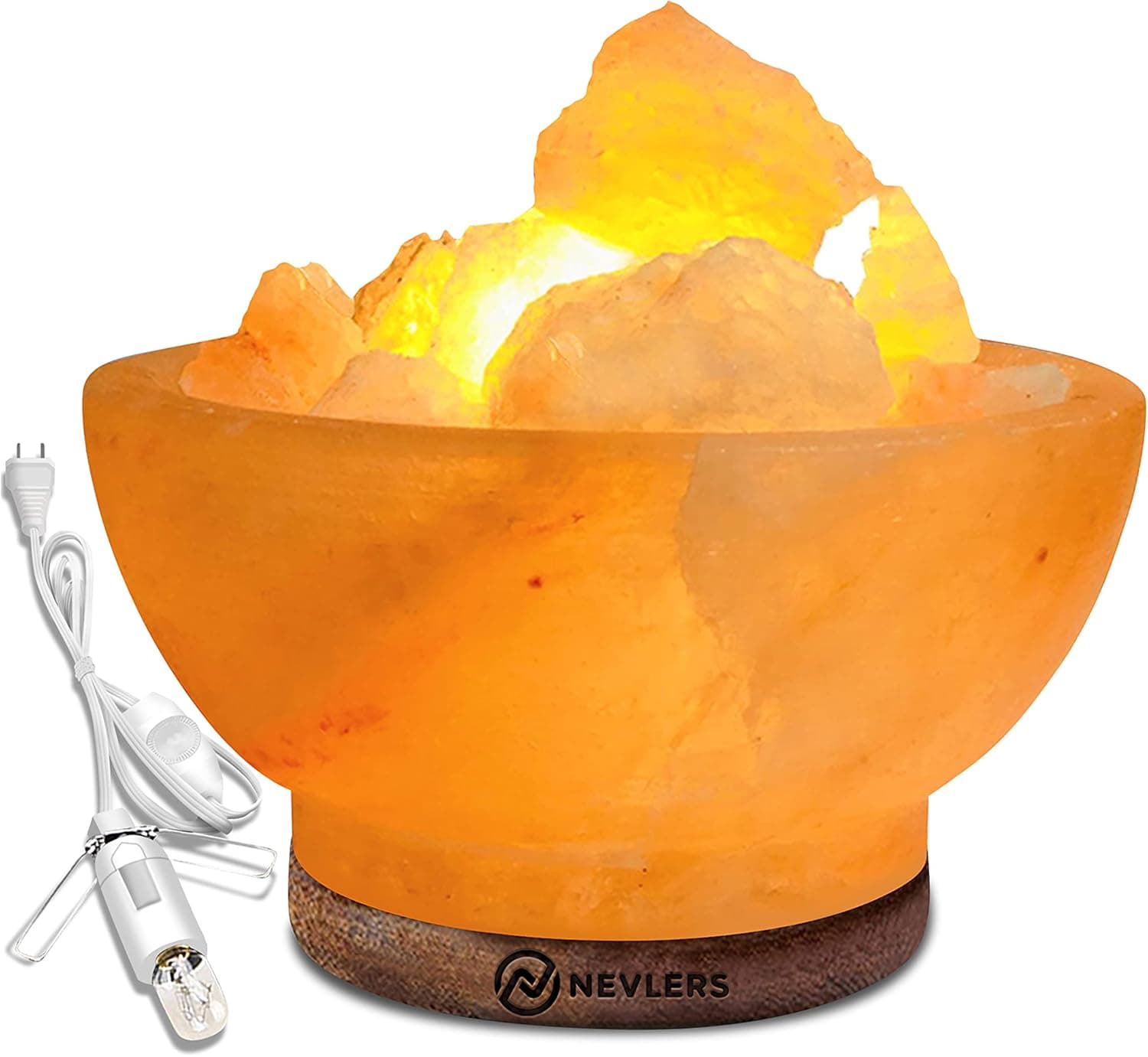 Nevlers 6" Handcrafted Himalayan Salt Lamp Fire Bowl with Salt Rock Lamp Crystals & Wood Base - Rock Salt Lamp Includes Light Bulb Dimmer Switch Cord | Quality Pink Himalayan Salt Lamps from Pakistan