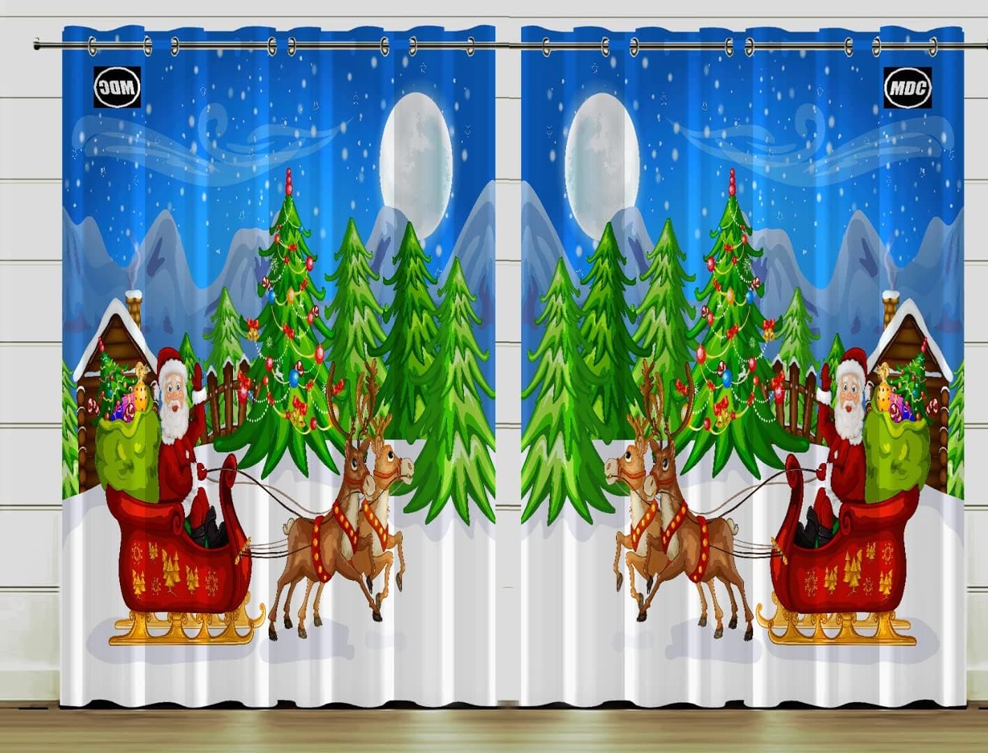 EKAVYA Christmas Curtains, Xmas Night with Trees Santa Claus Snowdrift Reindeer Mountains, Window Traditional Winter Season Graphic Print, Living Room Bedroom Window Curtains (1 Curtain Only )