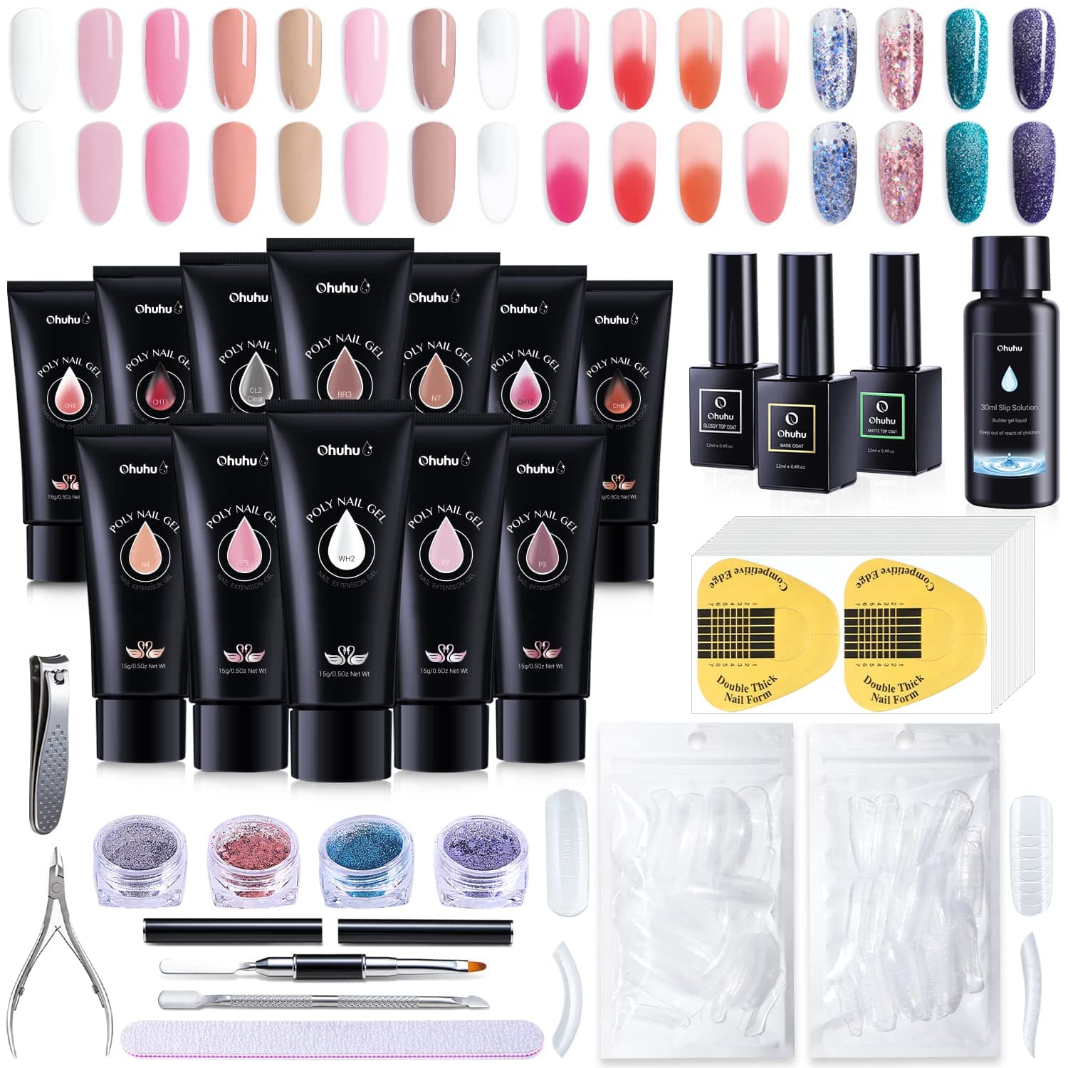 Ohuhu Poly Nail Gel Kit, 12 Colors Nail Gel Kit with 4 Temperature Changing Colors, 8 Regular Color Nail Extension Professional Kit for DIY Girls Girlfriend Mother Lover - Primary Color