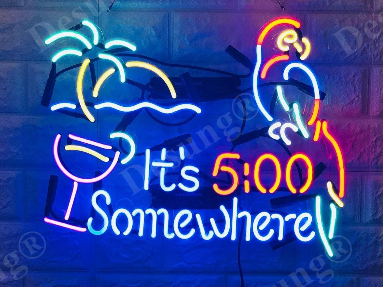 Desung Brand New 20" It's 5:00 Somewhere Parrot Neon Sign (Various Sizes) Decorated Acrylic Panel Handmade Man Cave Neon Lamp Light WB08