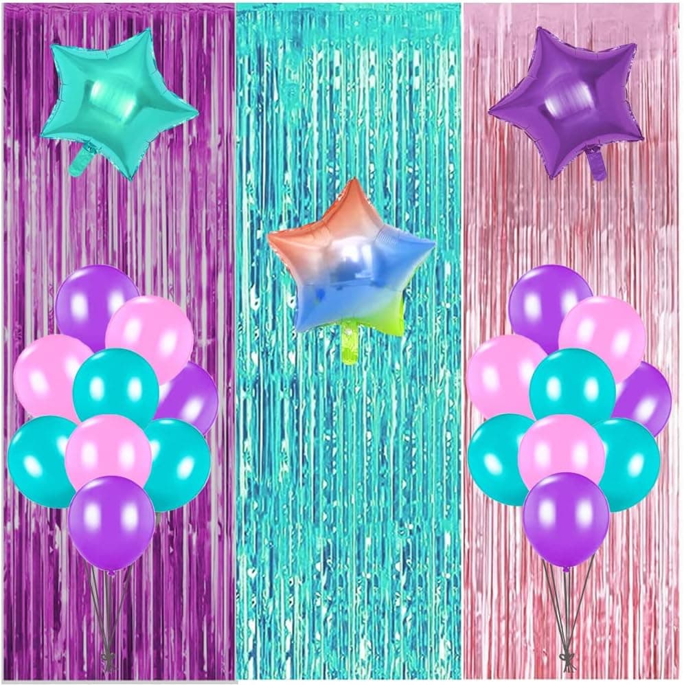 Unicorn Party Decorations Unicorn Backdrop, Pink Purple Teal Foil Curtains and Balloons for Girls Unicorn Birthday Party