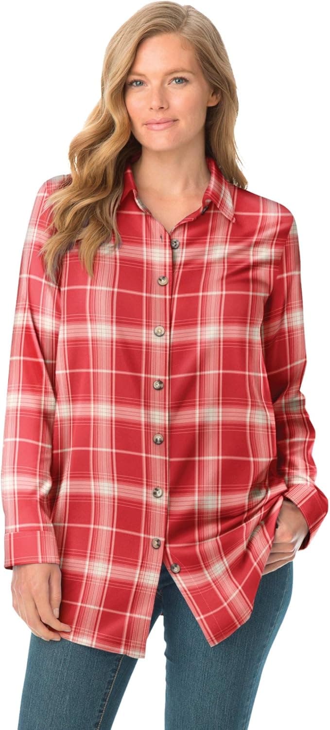Woman Within Women's Plus Size Classic Flannel Shirt - 2X, Vivid Red Plaid