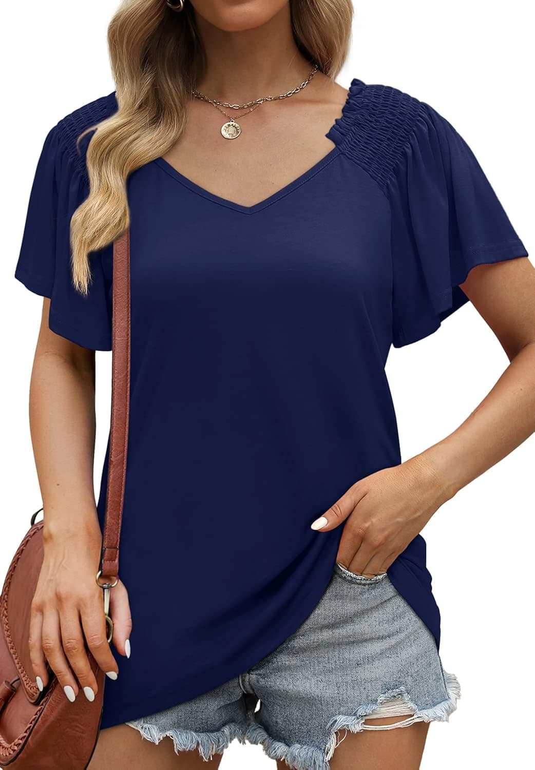 WEESO Womens Blouses Summer Ruffle Short Sleeve Lace V Neck Shirts Chiffon Swiss Dot
