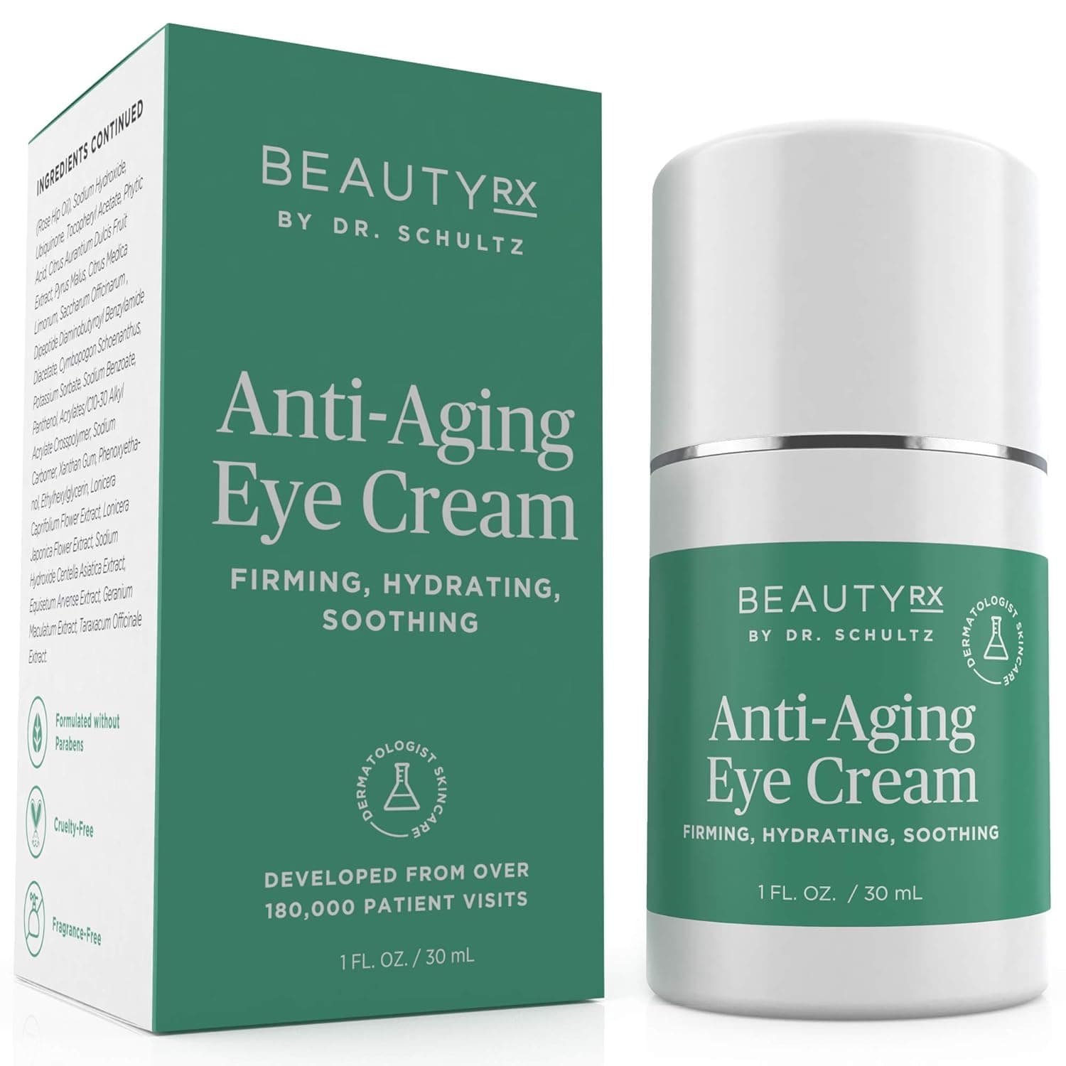 BeautyRx by Dr. Schultz Eye Cream for Dark Circles, Bags, Wrinkles & Puffiness. Best Firming Under & Around Eyes Anti-Aging & Moisturizing Treatment with Vitamin C, Hyaluronic Acid & Green Tea (1 oz)
