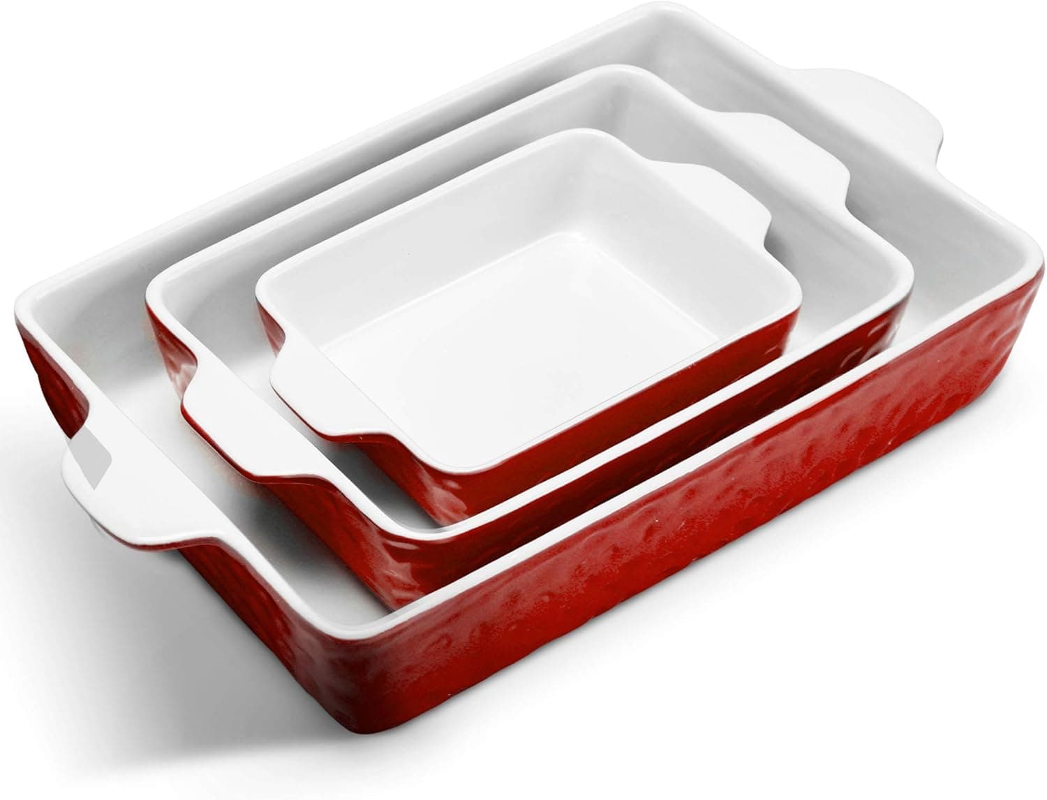 IPOW S-M-L Casserole Dish Set, Ceramic Baking Dish Set, Deep Lasagna Pan with Handles, Baking Dishes for Oven to Table, 3 Pcs Rectangular Bakeware Set for Cooking, Red