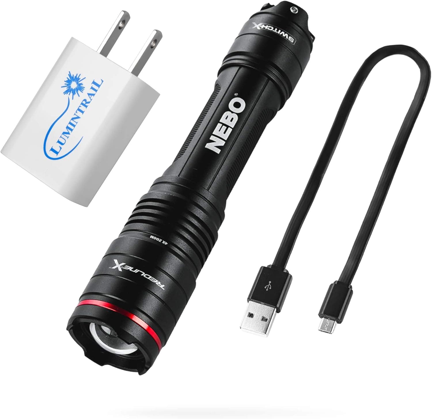 NEBO Redline X 1800 Lumen Rechargeable Flashlight Bundle with a Lumintrail USB Wall Adapter
