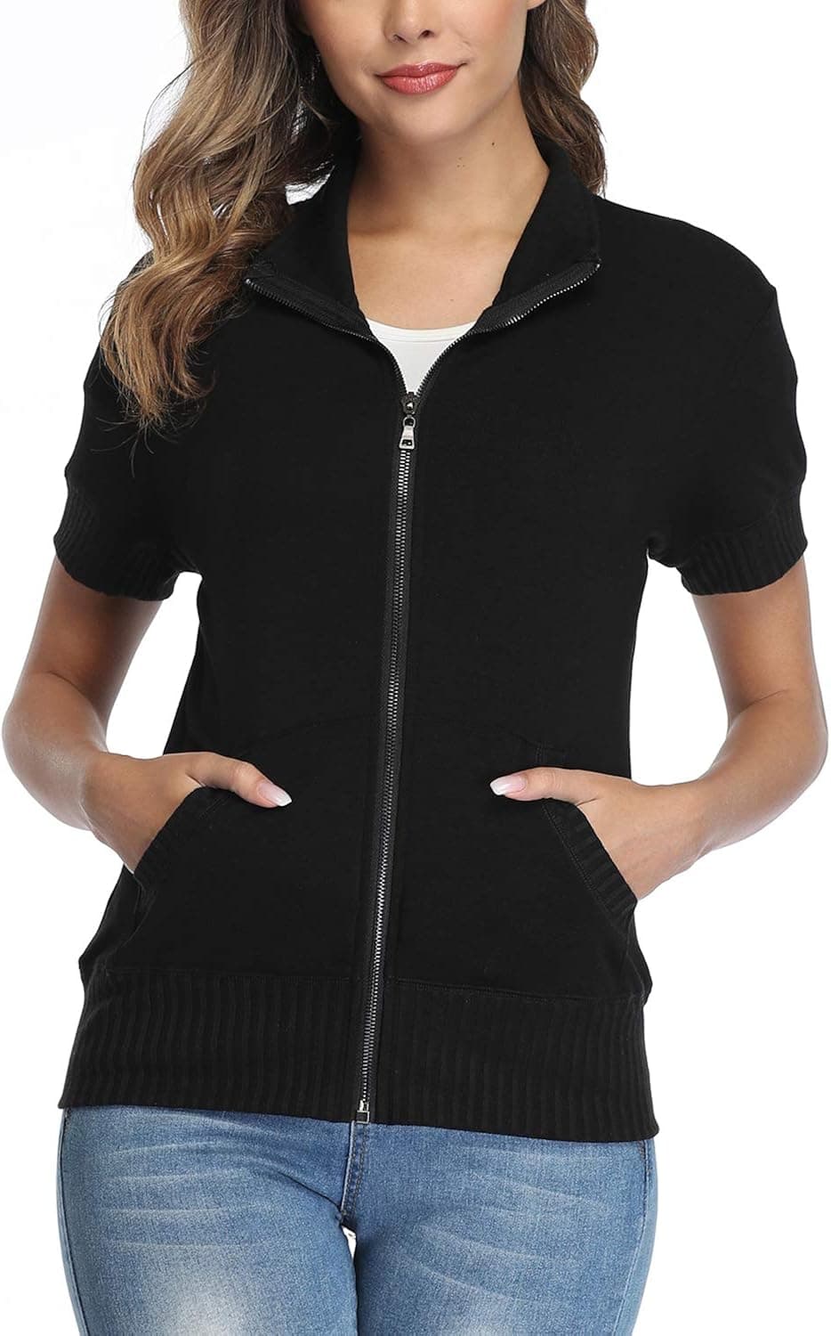 andy & natalie Women's Stand Collar Zip up Long Sleeve Jacket with Pockets Running Sweatshirts Jackets