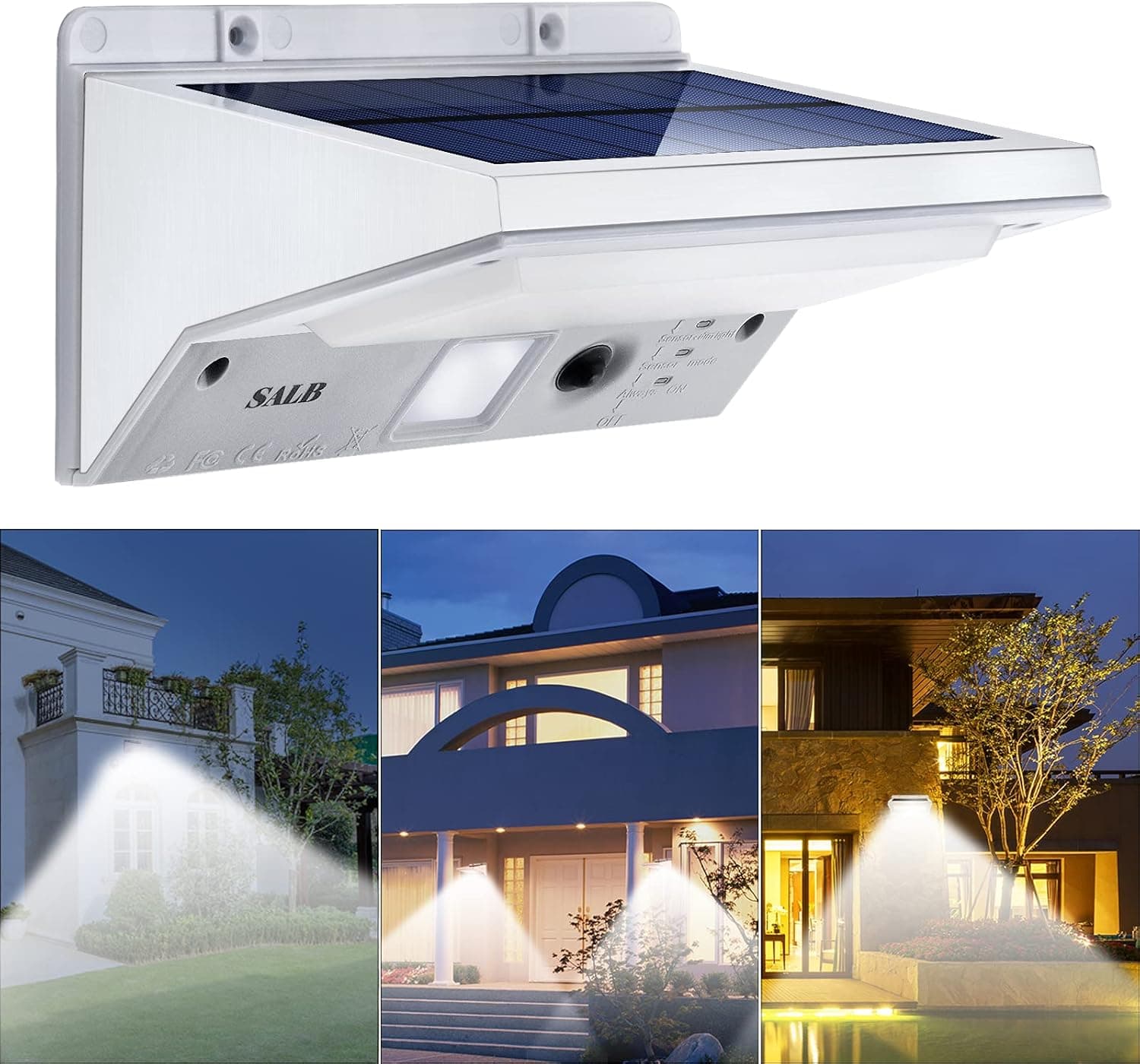 SALB Solar Lights Outdoor Motion Sensor, LED Solar Powered Security Lights Stainless Steel for Backyard Patio Garage Pool Side IP65 Waterproof 3 Modes Super Bright Daylight