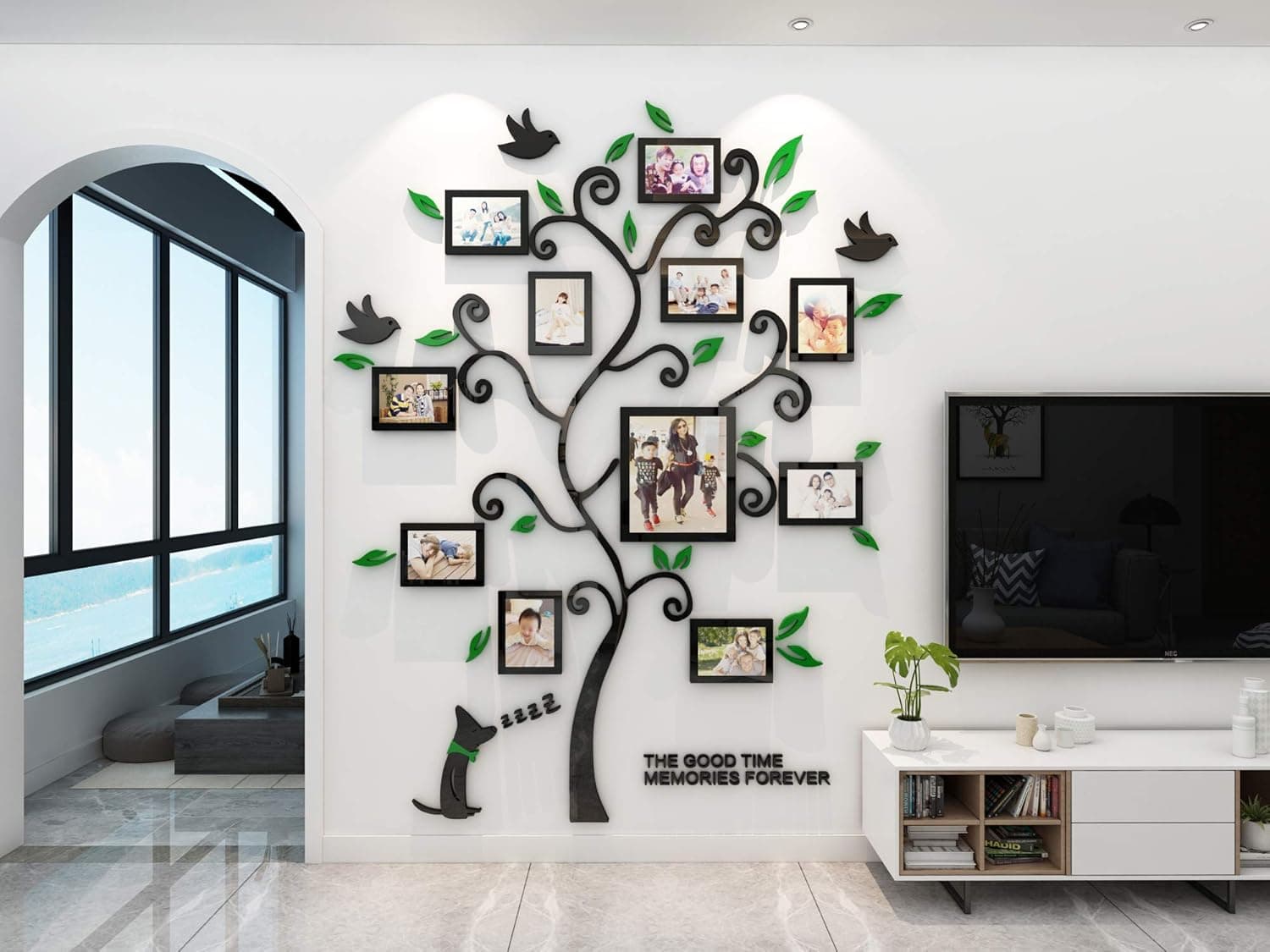 KINBEDY 3D Acrylic Tree Wall Stickers Photo Frames Family Tree Wall Decal Easy to Install &Apply DIY Photo Gallery Frame Decor Sticker Home Art Decor, Green Leaves with Dog.
