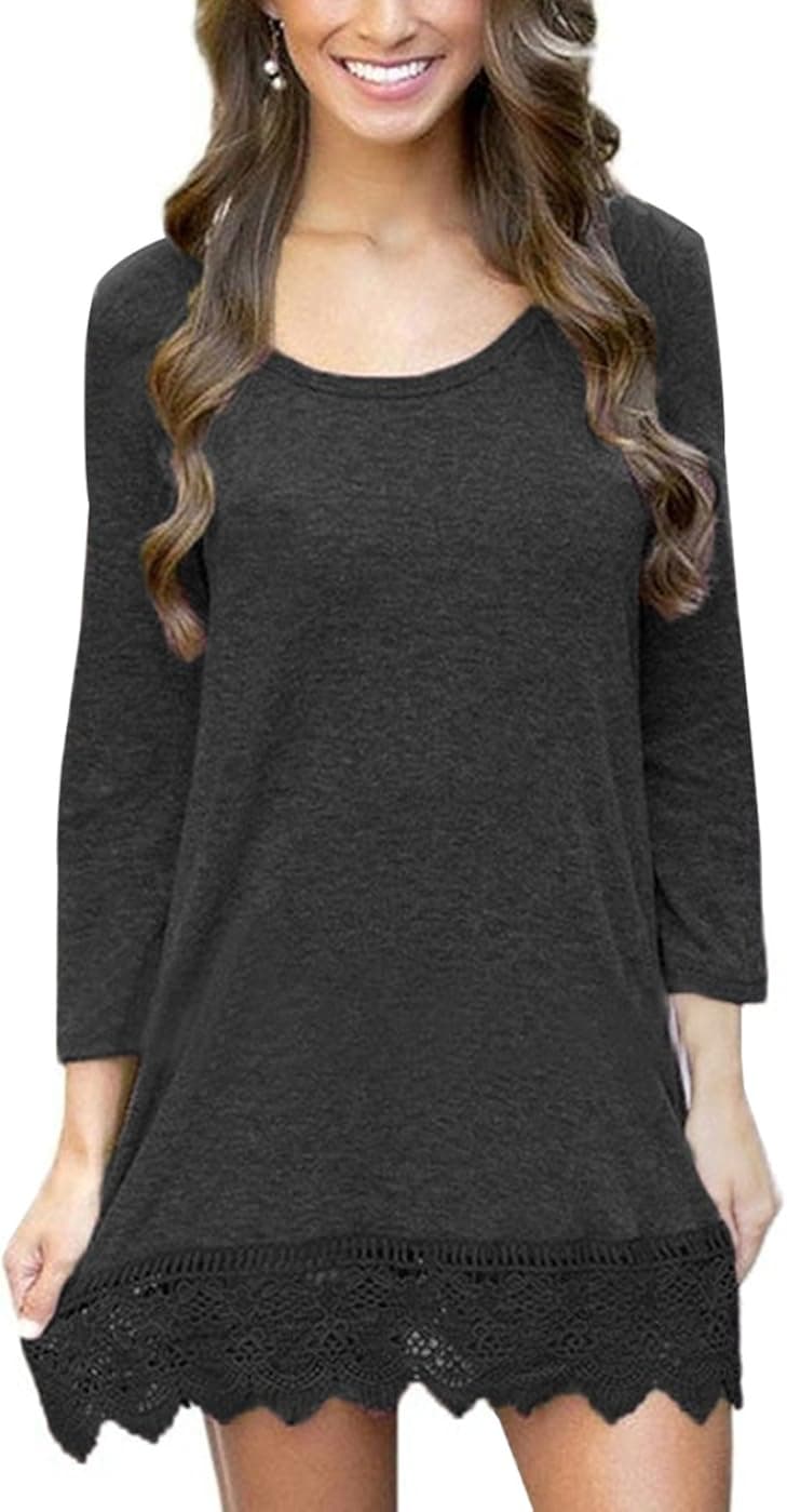 MiYang Women's Long Sleeve A-line Lace Stitching Trim Casual Dress