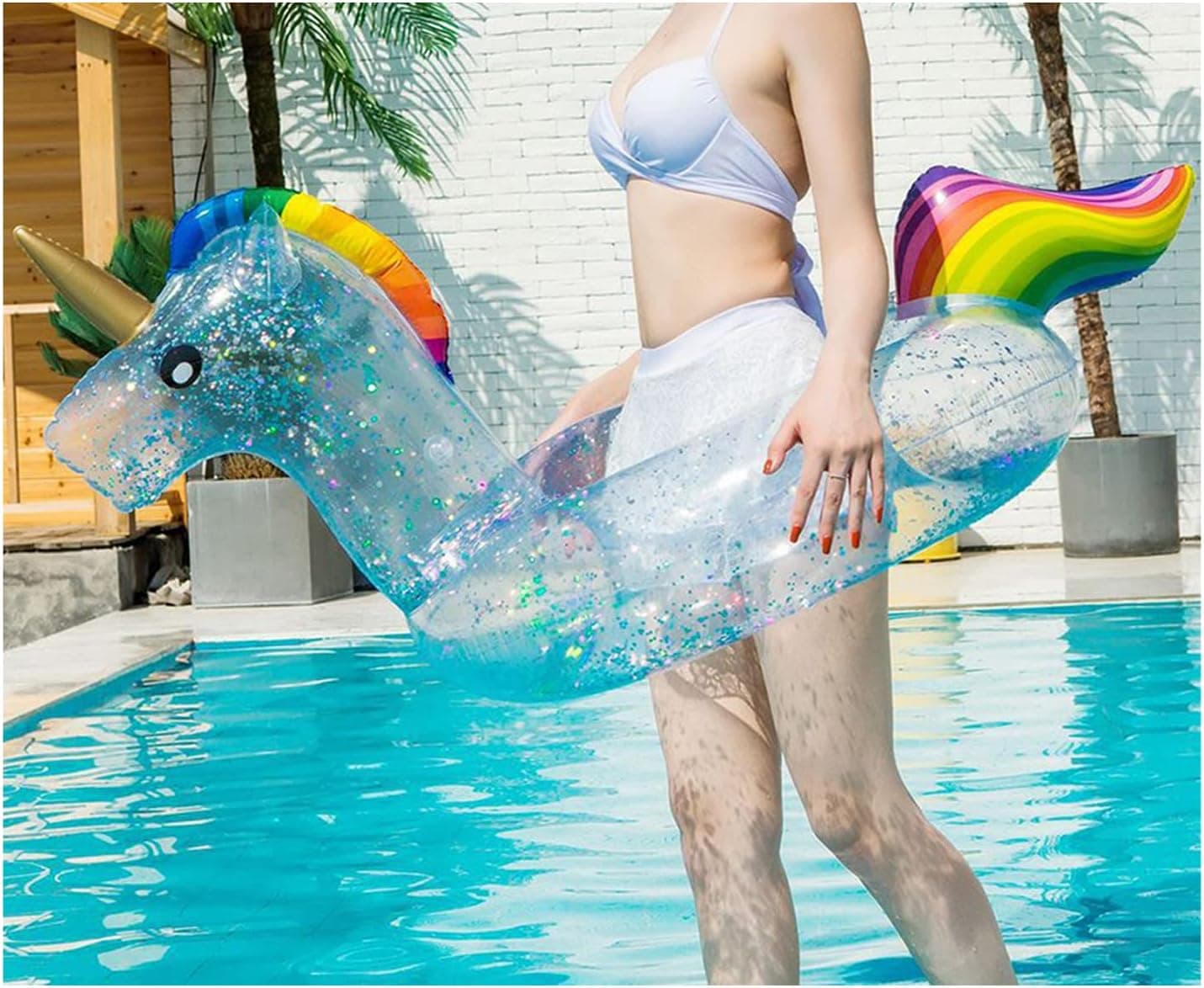 TADEAU Unicorn Pool Float with Glitter Adult Children's Pool Toys Transparent Comfortable Swimming Ring Suitable for Pool Parties, Beaches, Pool Floats