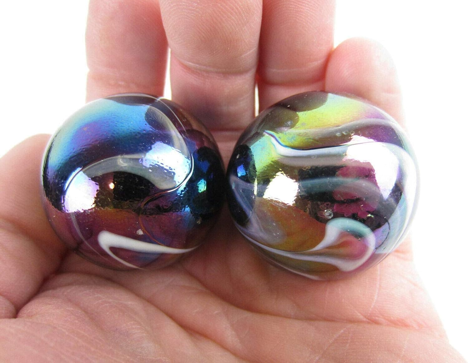 2 BOULDERS 35mm Milky Way Marbles Glass Ball Oil Slick Large Huge Swirl