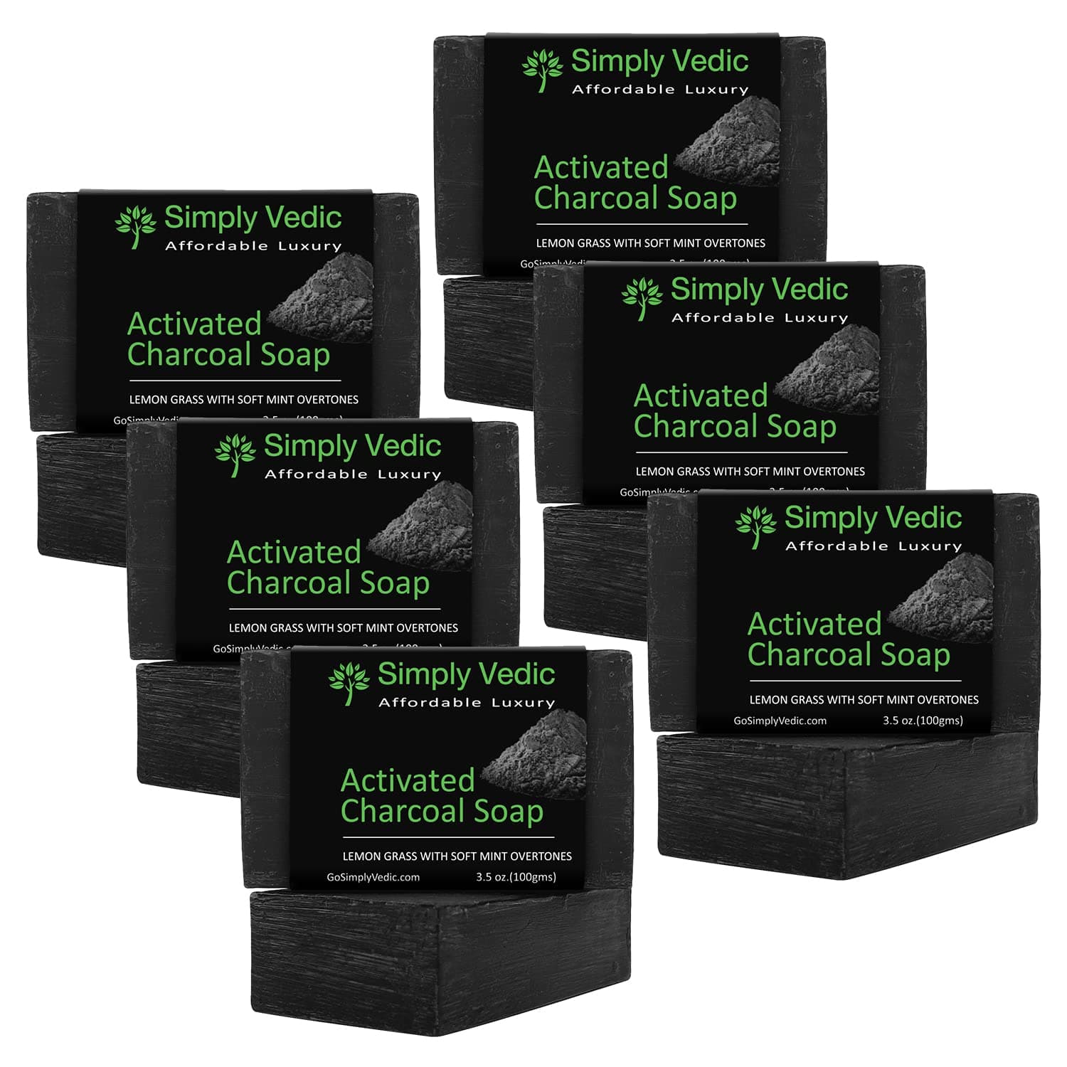 Simply Vedic 6-Pack Detoxifying Activated Charcoal with Mint & Lemongrass Soap Bar For Body, Hand, Face. Cold Pressed With Coconut Oil, Hand-Made, Gift Set For Men & Women (3.5 Oz. X 6).