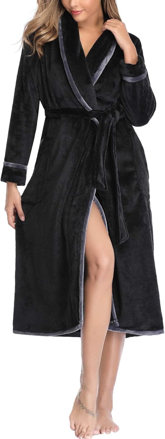 Sykooria Women's Long Fleece Robe with Shawl Collar Satin Trim Lined Soft Plush Bathrobe Striped Luxury Warm