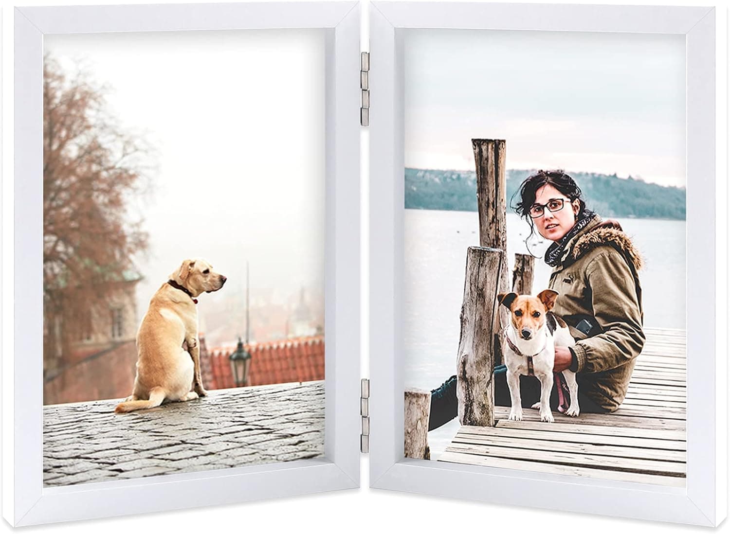 4x6 Double Picture Frame Wooden Hinged Photo Frame Definition Glass Stand Vertically on Desktop or Tabletop White