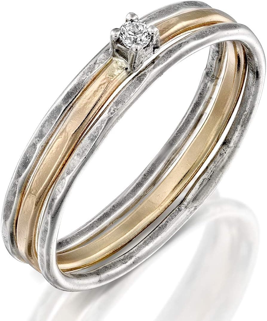 2 Tone Silver and Gold Filled Swarovski Zircon Ring, Stacking Band, Triple Ring Jewelry