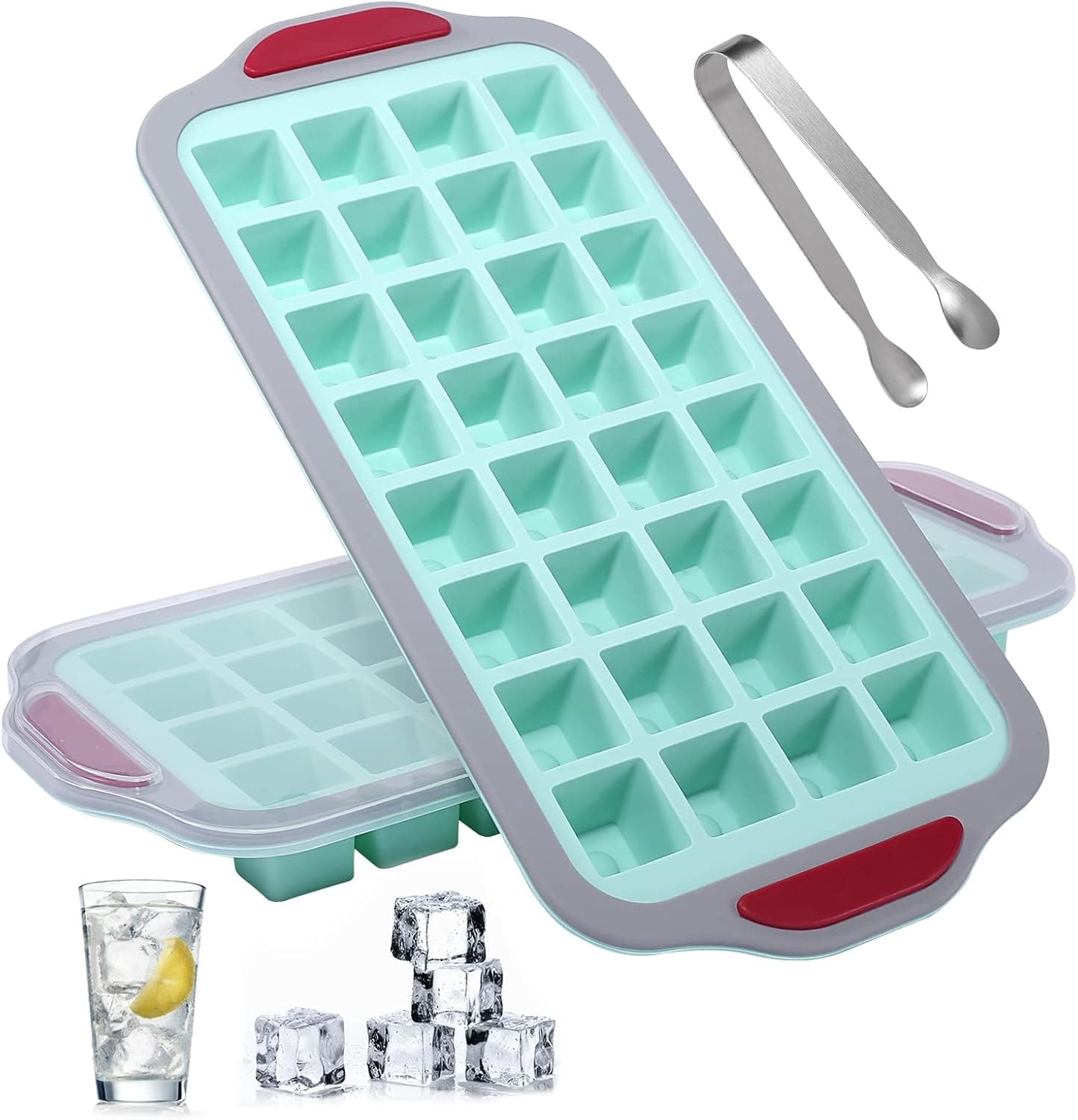 JBYAMUS Ice Cube Trays with Lid, 2 Pack Ice Cube Trays for Freezer, Hard Frame Design is Easy to Pick up Without Deforming and Spilling, Soft Silicone Base, Easy to Release and BPA Free. (Green)