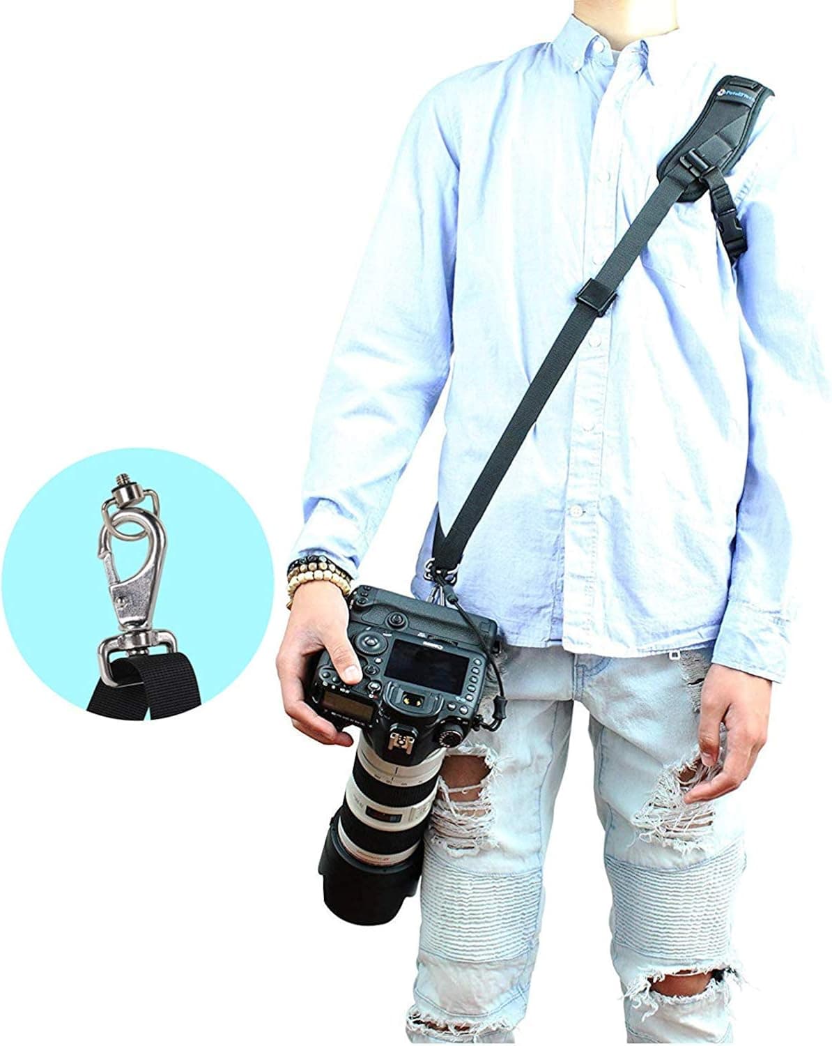 Foto&Tech DSLR Camera Strap Cam Neck Strap with Quick Release and Safety Tether, Adjustable Padded Shoulder Sling Strap for Women and Men, Compatible with Nikon Canon Sony Olympus Fujifilm (Black)