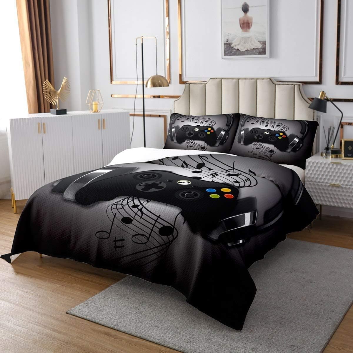 Gamer Bedding Black Grey Headphones Musical Notes Design Games Gamepad Quilts for Kids Boys Video Game Room Decor Cool Retro Playing Gamer Bedspread Gaming Controller Coverlet Set,Soft Queen