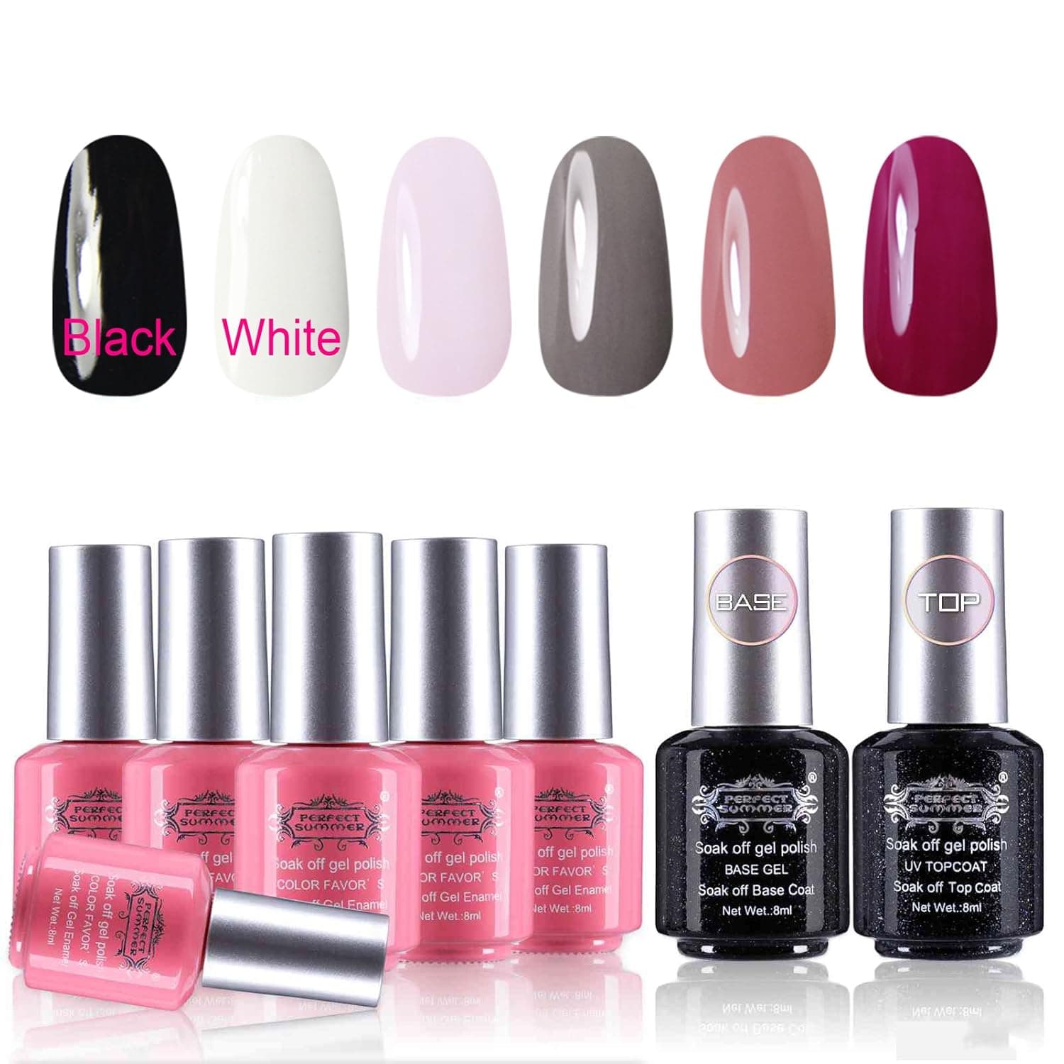 Perfect Summer Gel Nail Polish UV/LED Soak Off, Emerald Valley" Glitter Colors Set with Clear Base Coat and Top Coat - Pack of 8, 8ml Each (Starter Kit #20)