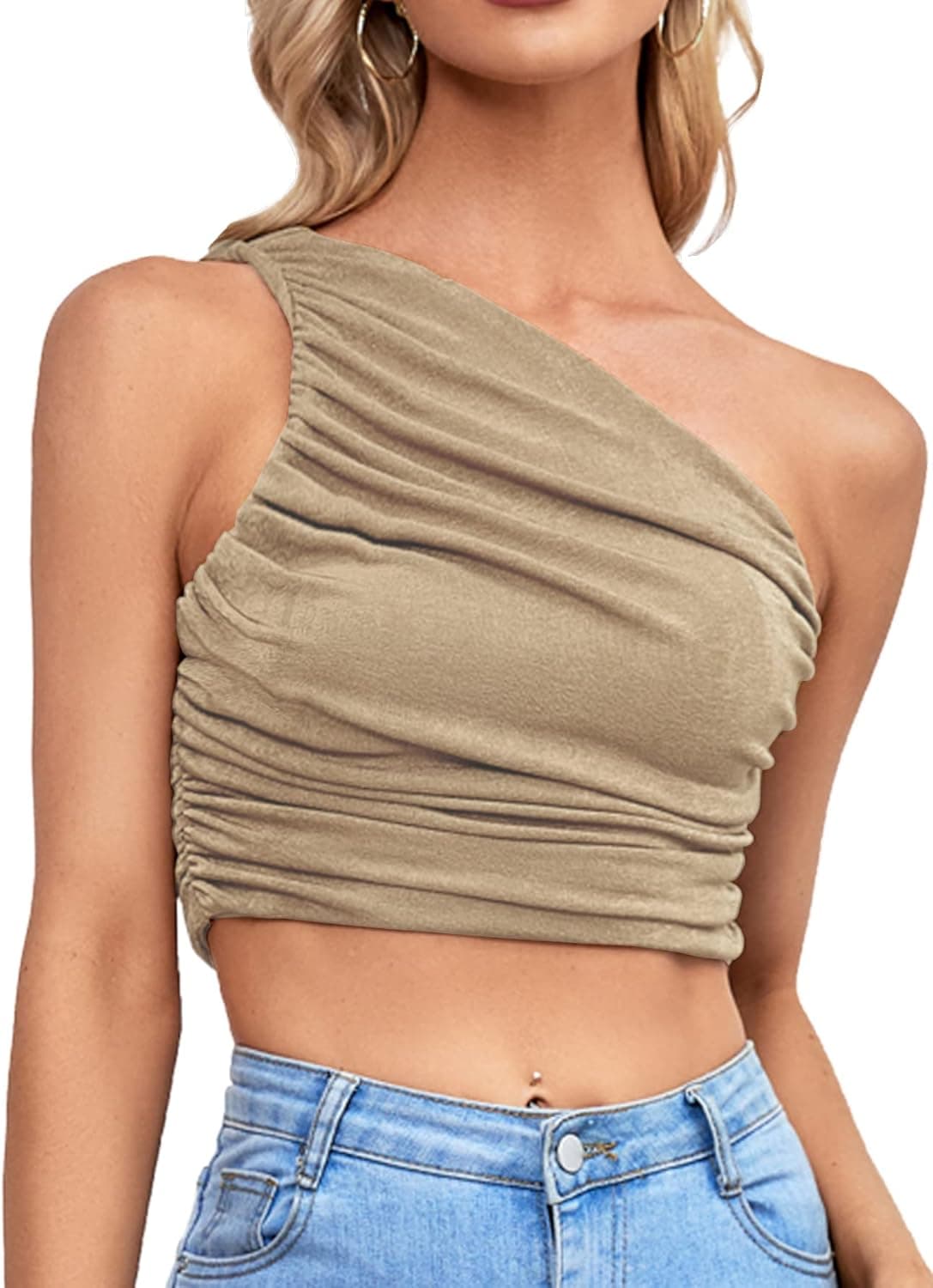 LYANER Women's Sexy Ruched One Shoulder Sleeveless Crop Top Strappy Cami Tank