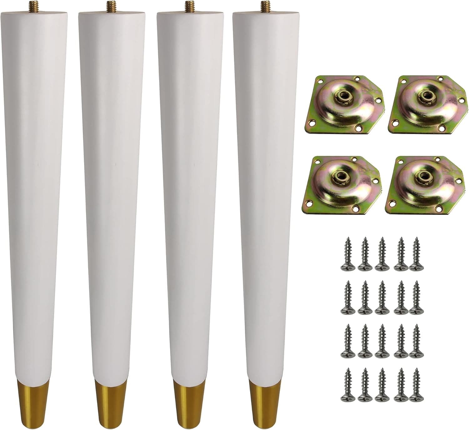 Coffee table legs 16 inch for furniture set of 4 tapered gold feet with anglegs mounting plates modern light luxury design replacement leg for DIY furniture cofee table side table etc (16 inch, White)