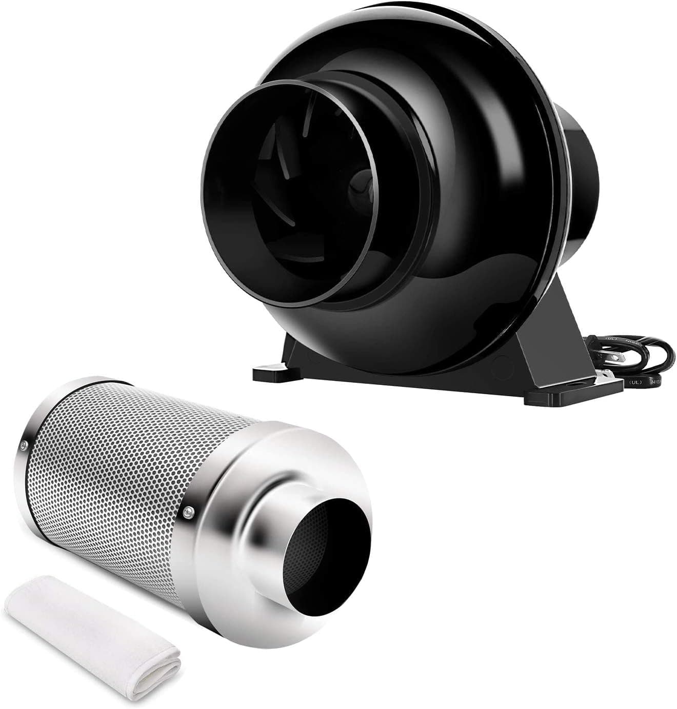 iPower GLFANXINLLITE4FILT4M 4 Inch 195 CFM Inline Duct Ventilation Fan Air Circulation Vent Blower and 4" Air Carbon Filter Combo